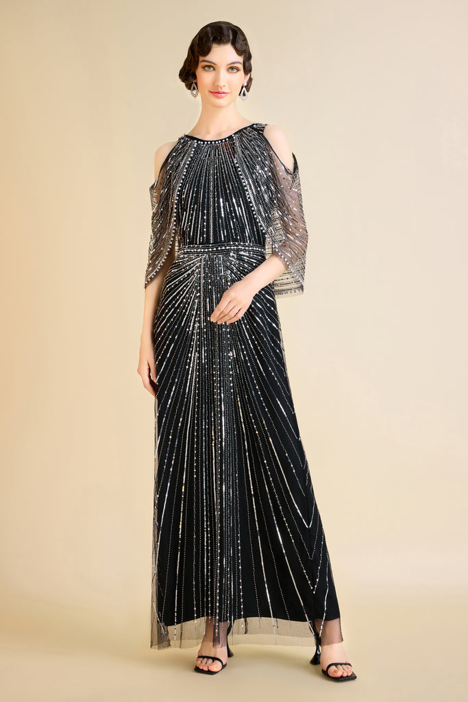 Sparkling Beaded Cape Sleeve Evening Gown - BABEYOND