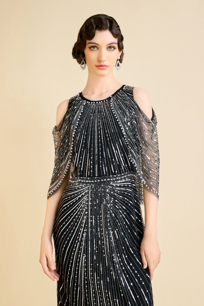 Sparkling Beaded Cape Sleeve Evening Gown - BABEYOND
