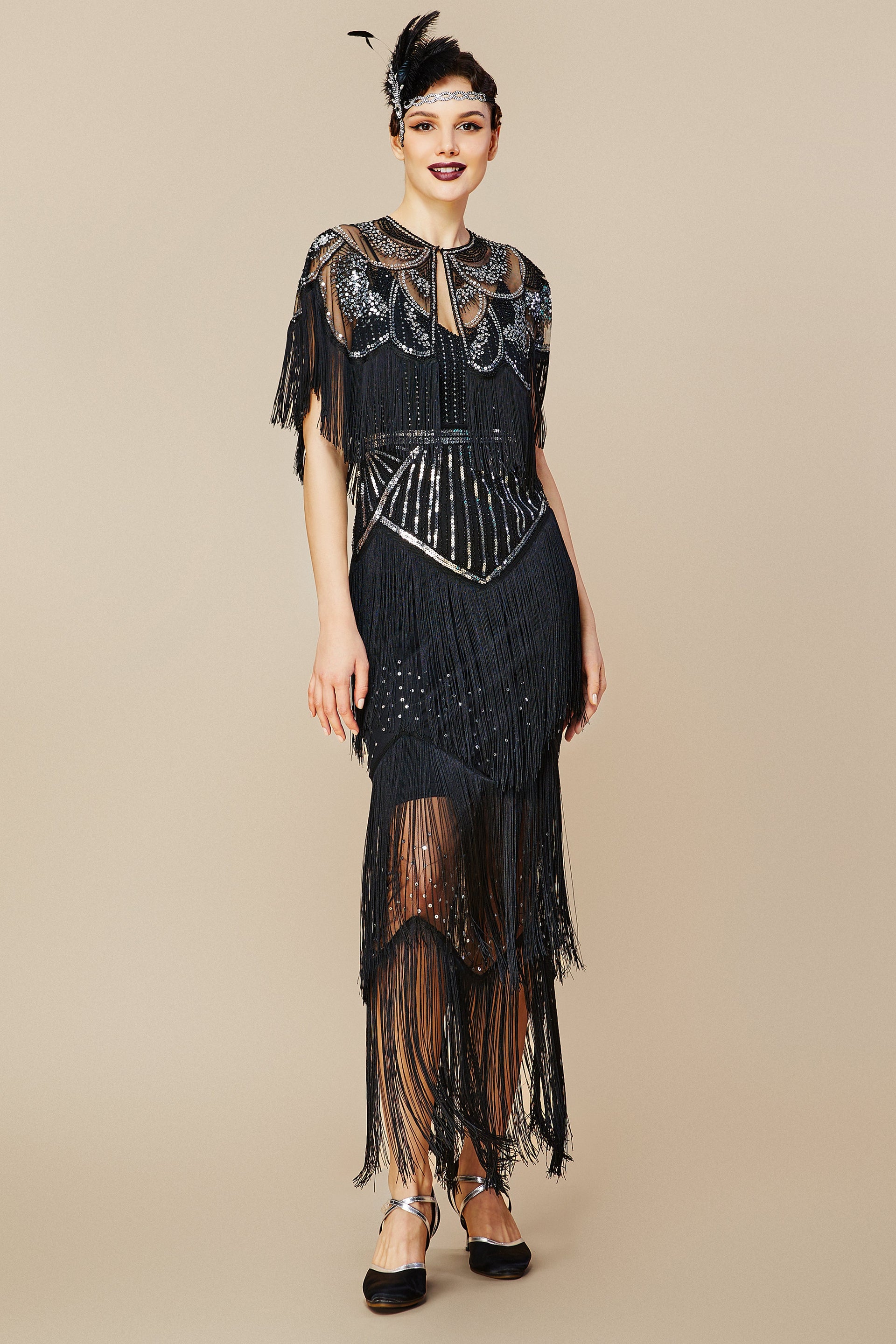 BABEYOND 1920s Fashion Women Outfits, Sequined 1920s Eevening Dresses with Vintage Fringe Shawl, Black / Silver, Size L BABEYOND 1920s Fashion Women Outfits, Sequined 1920s Eevening Dresses with Vintage Fringe Shawl, Black / Silver, Size L