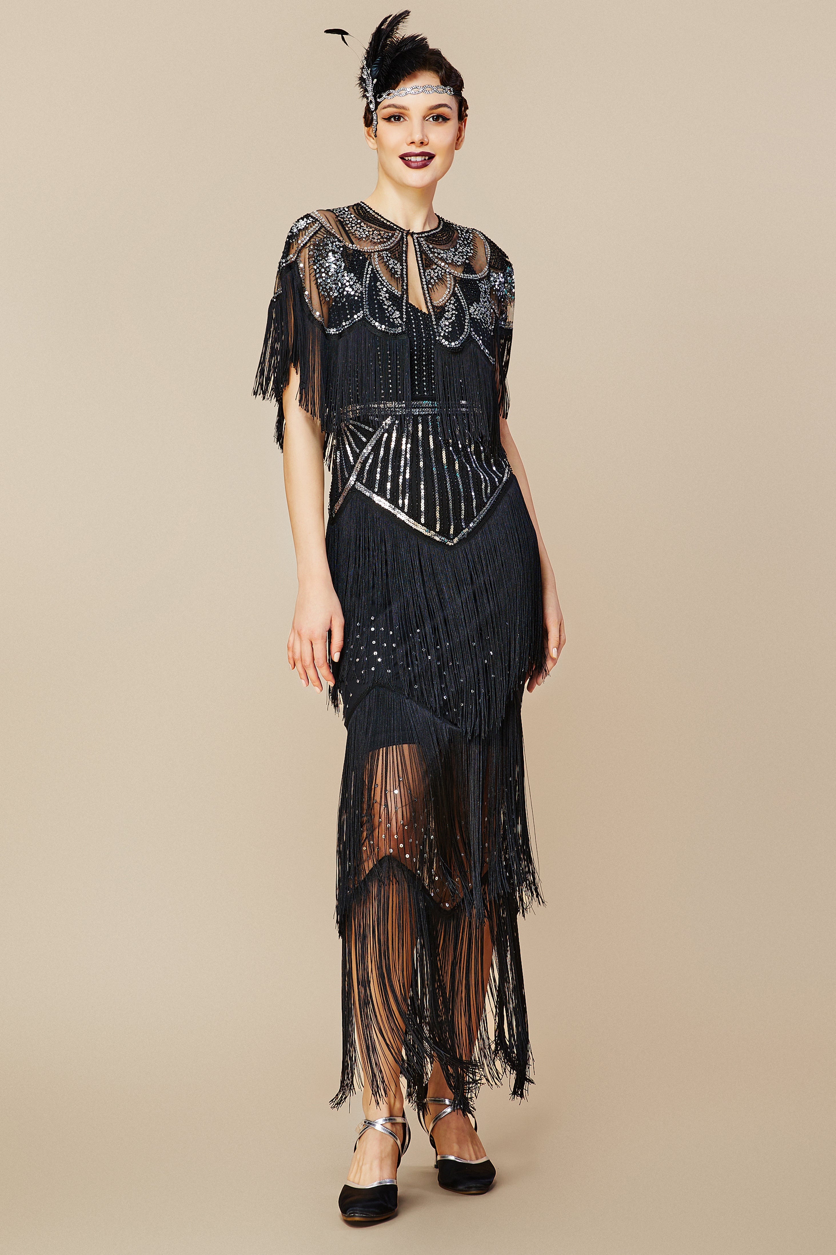 BABEYOND 1920s Fashion Women Outfits, Sequined 1920s Eevening Dresses with Vintage Fringe Shawl, Black / Silver, Size XL