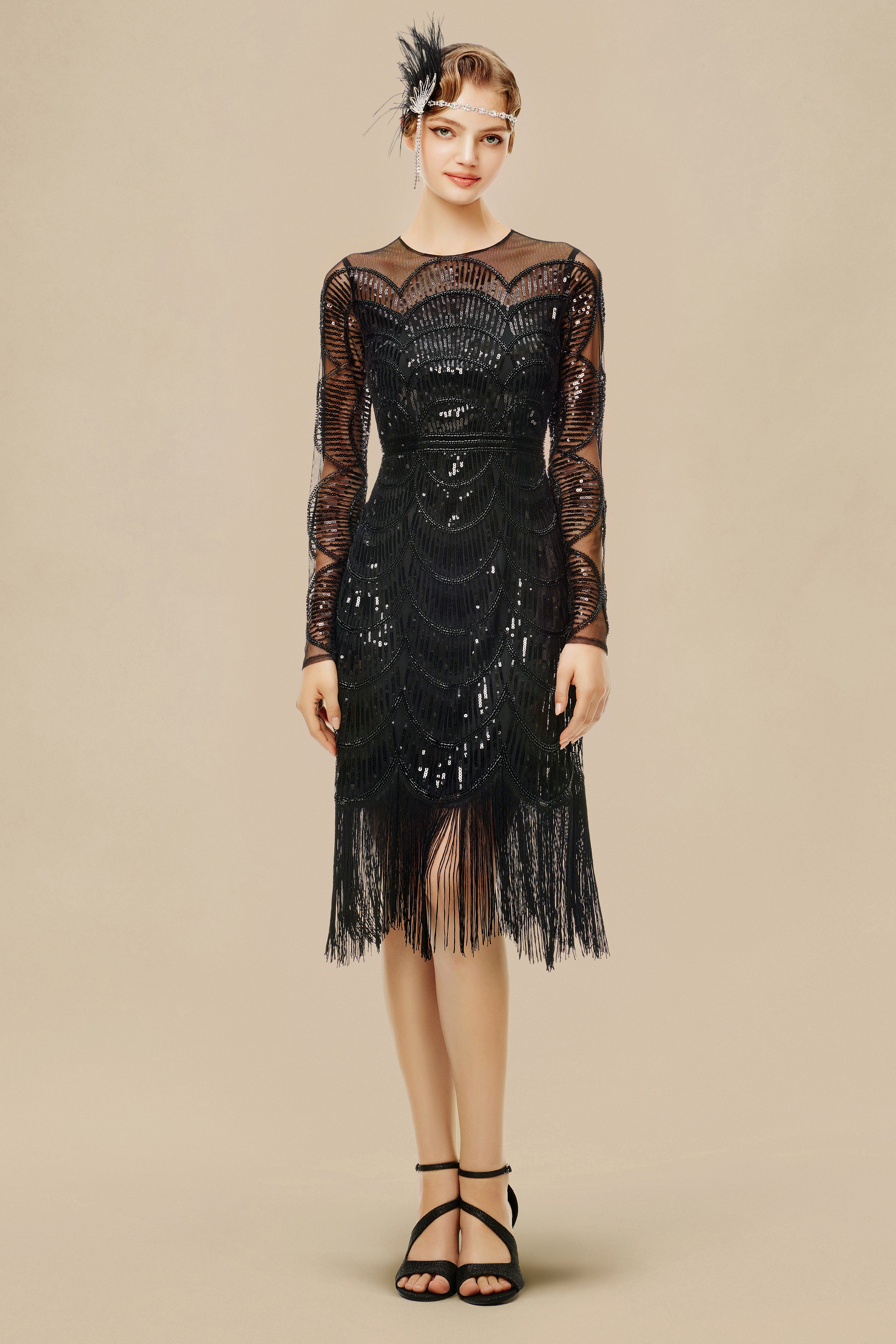 art deco cocktail dress Silver and Black Flapper featuring long sleeves and a daring V Art Deco Antique Flapper Dress