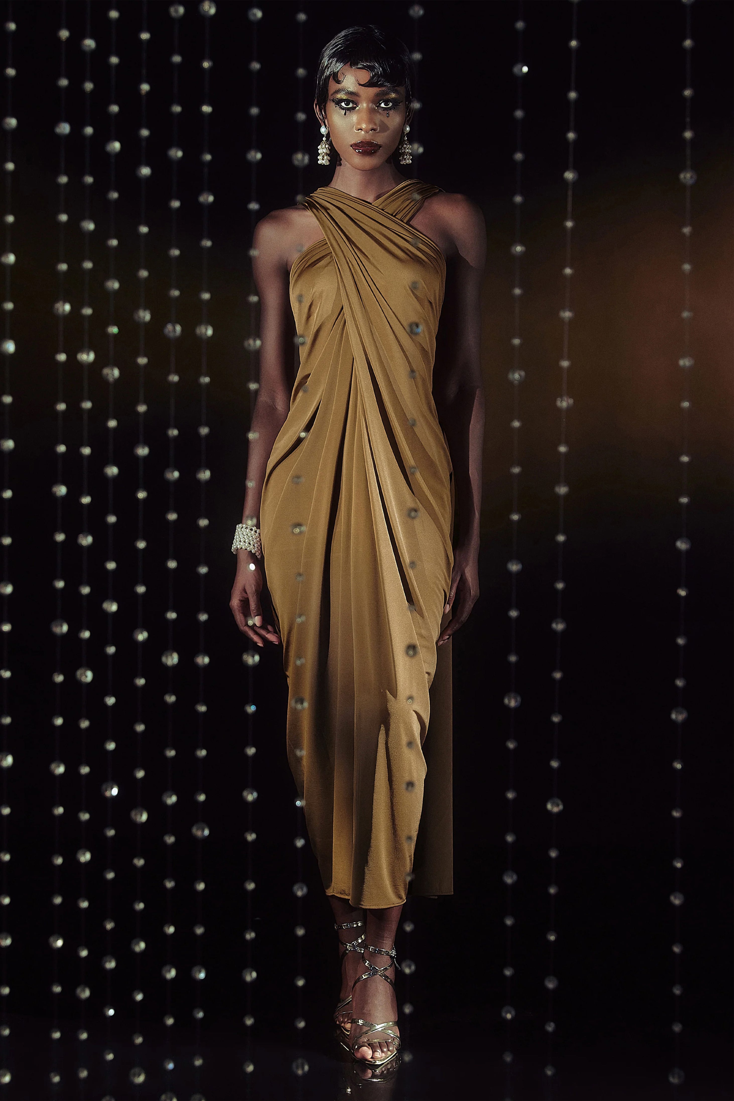 BABEYOND Vintage Sleeveless Crisscross Draped Gown Dress, Fashion Special Occassion Evening Gowns Saree Dress, Coffee, Size 10-12