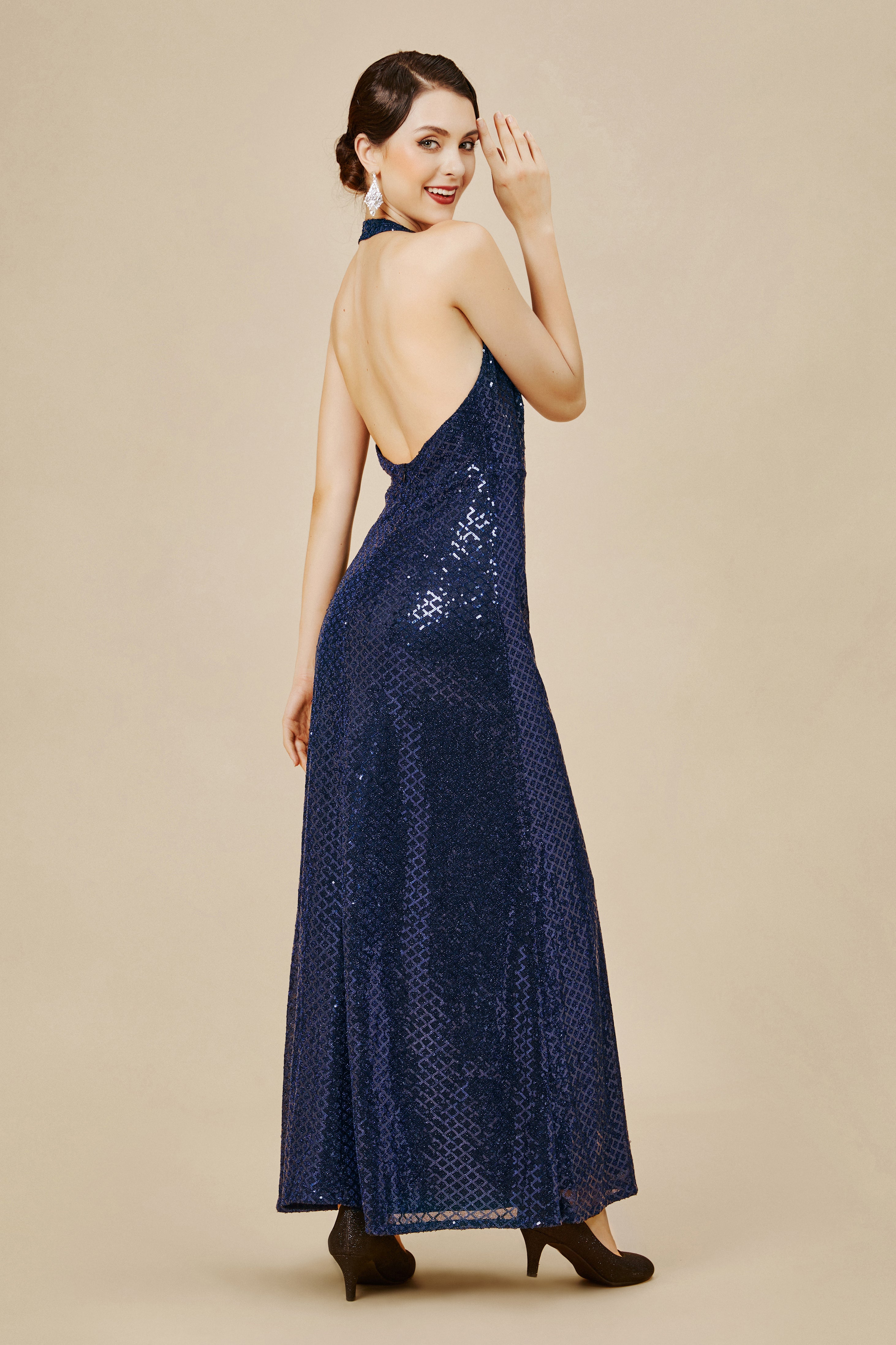 V Neck Hanging Sequin Maxi Dress | Darkblue | 4