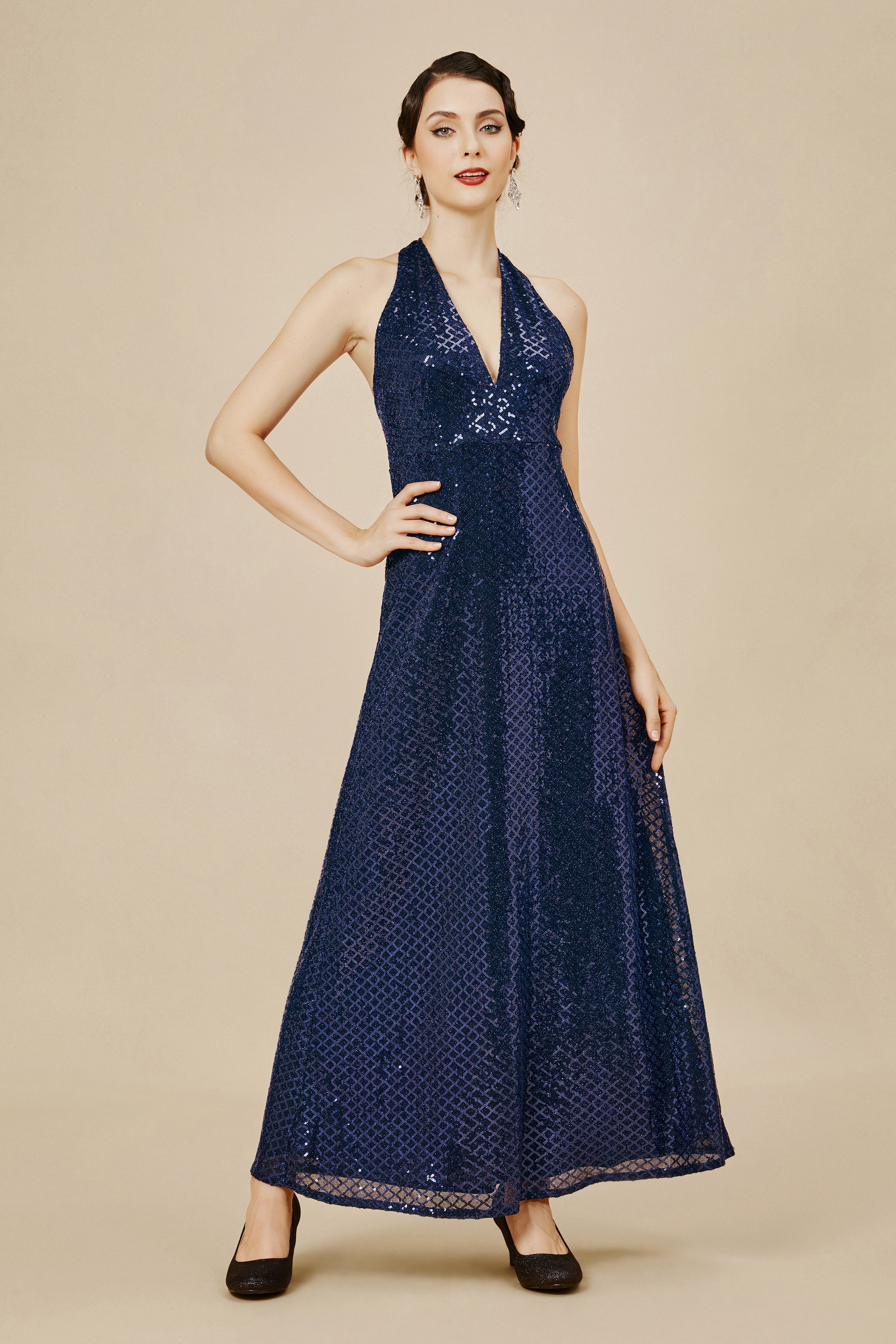 V Neck Hanging Sequin Maxi Dress | Darkblue | 1