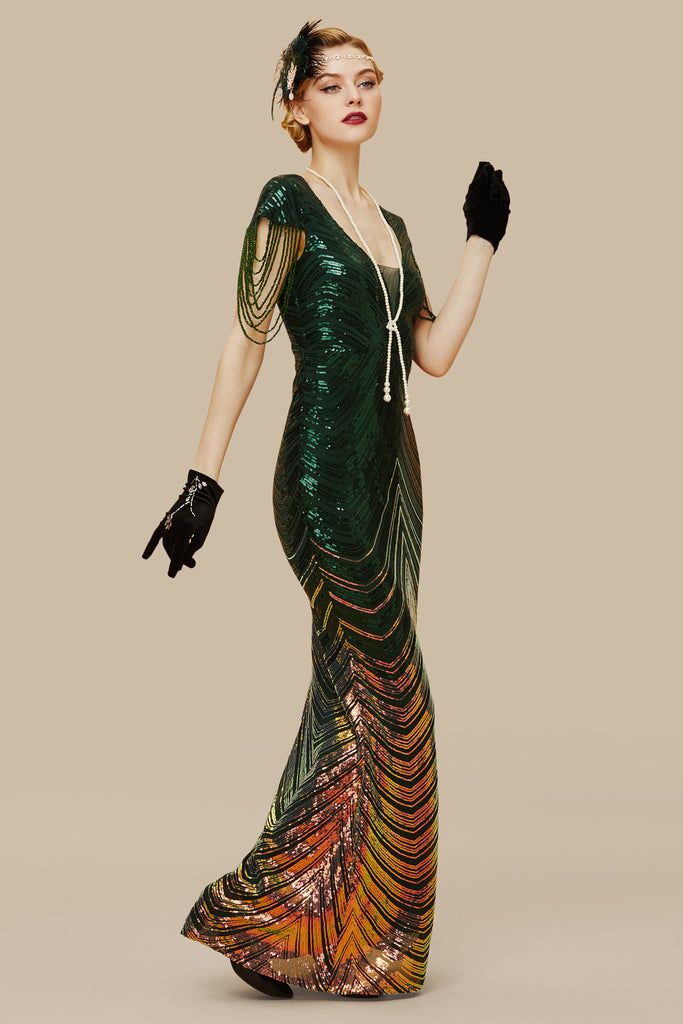 Sheer Scoop Neck Iridescent Sequin Dress - BABEYOND
