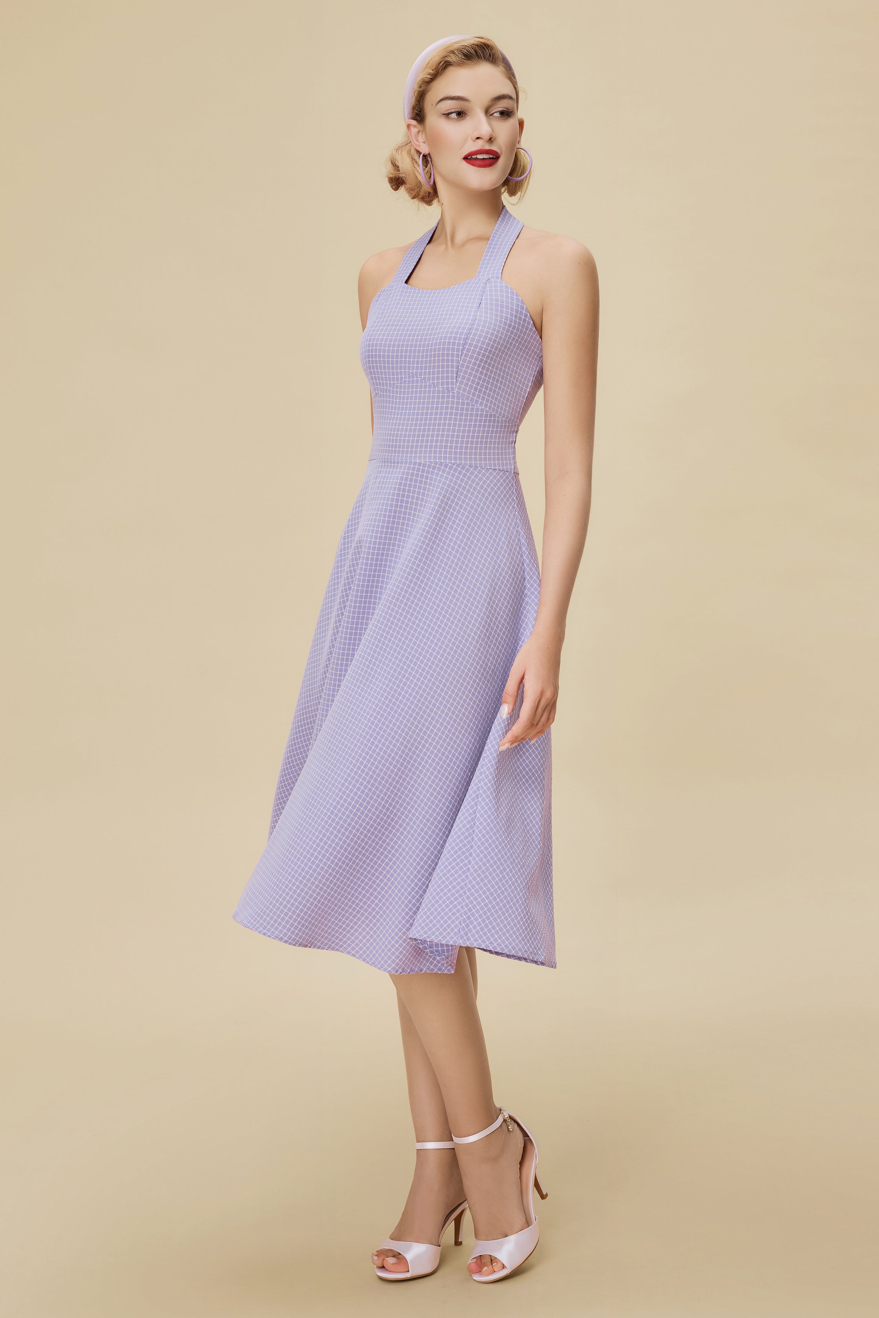 BABEYOND Vintage Purple Gingham Swing Dress, 1950s Dress, Wisteria / White, 2XL