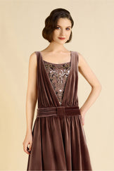 Brown Cotton Elastic Wasit Belt Dress