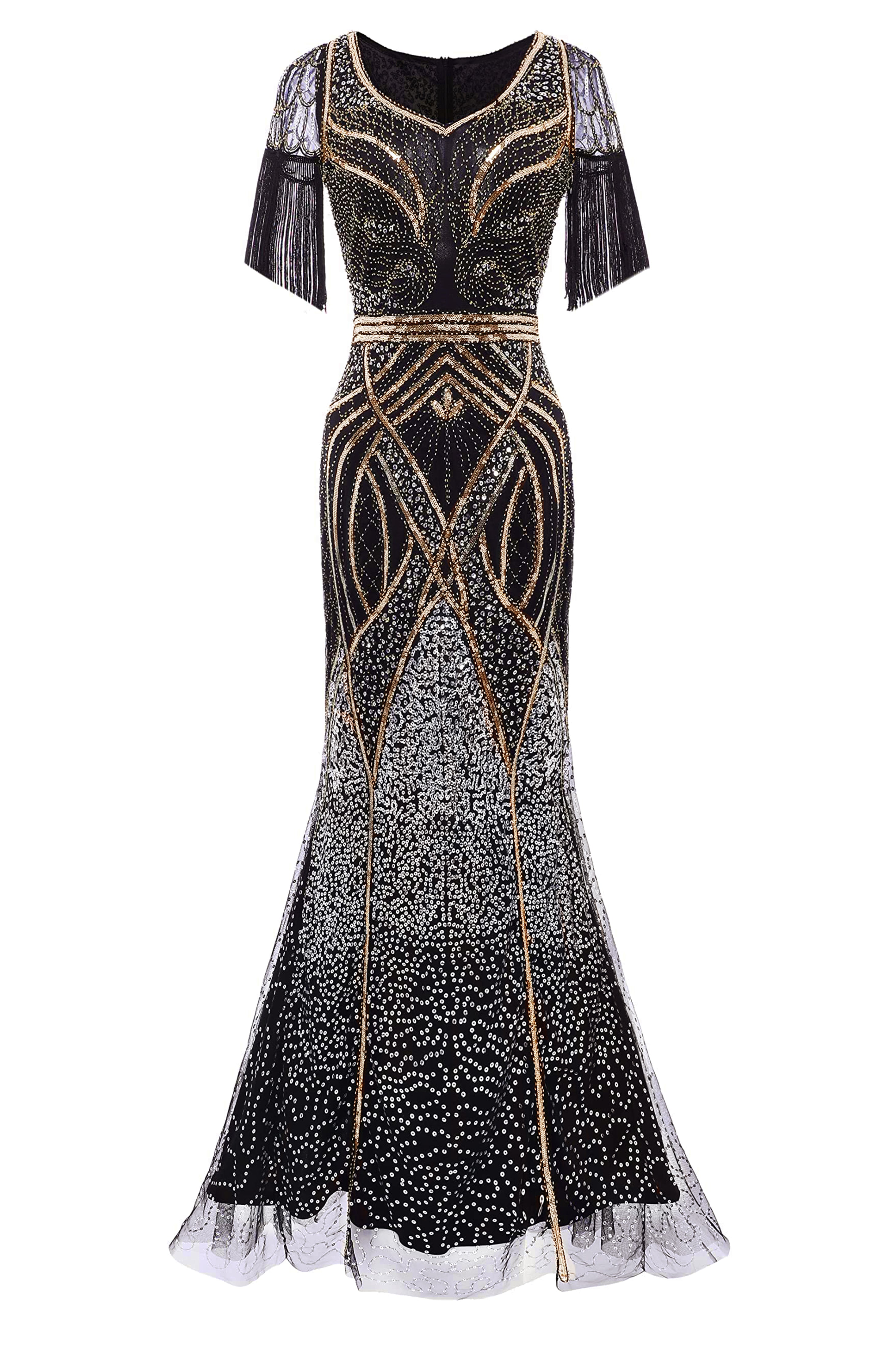 BABEYOND Art Deco Sequin Mermaid 1920s Long Flapper Dress, Maxi Gatsby Party Evening Dress, Black/Gold Size L