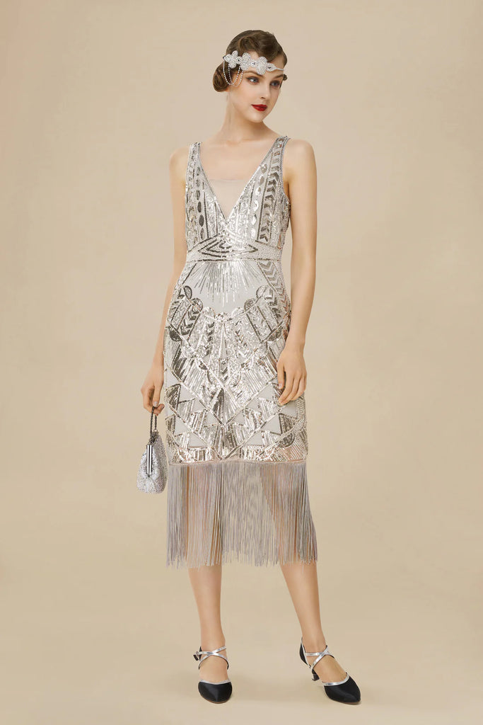 Glitter Sequin V-Neck Art Deco Slip Dress - BABEYOND