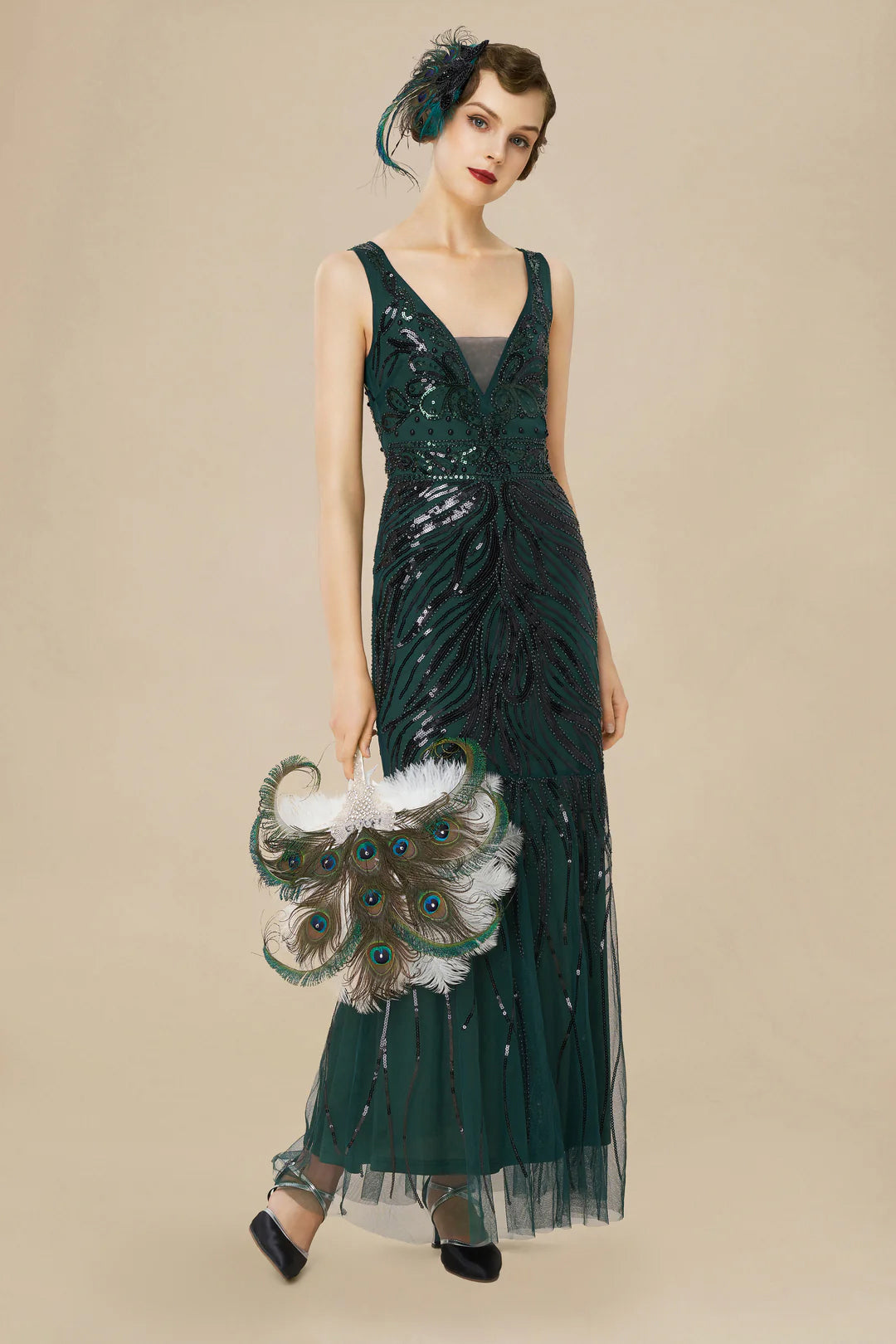 BABEYOND Sleeveless Sequined Long Art Deco Dress,Vintage Long Wedding Guest Dress, Dark Green, Size S