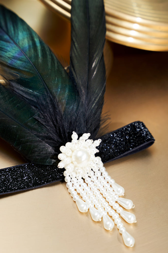 1920s Beaded Feather Shimmer Hairband - BABEYOND