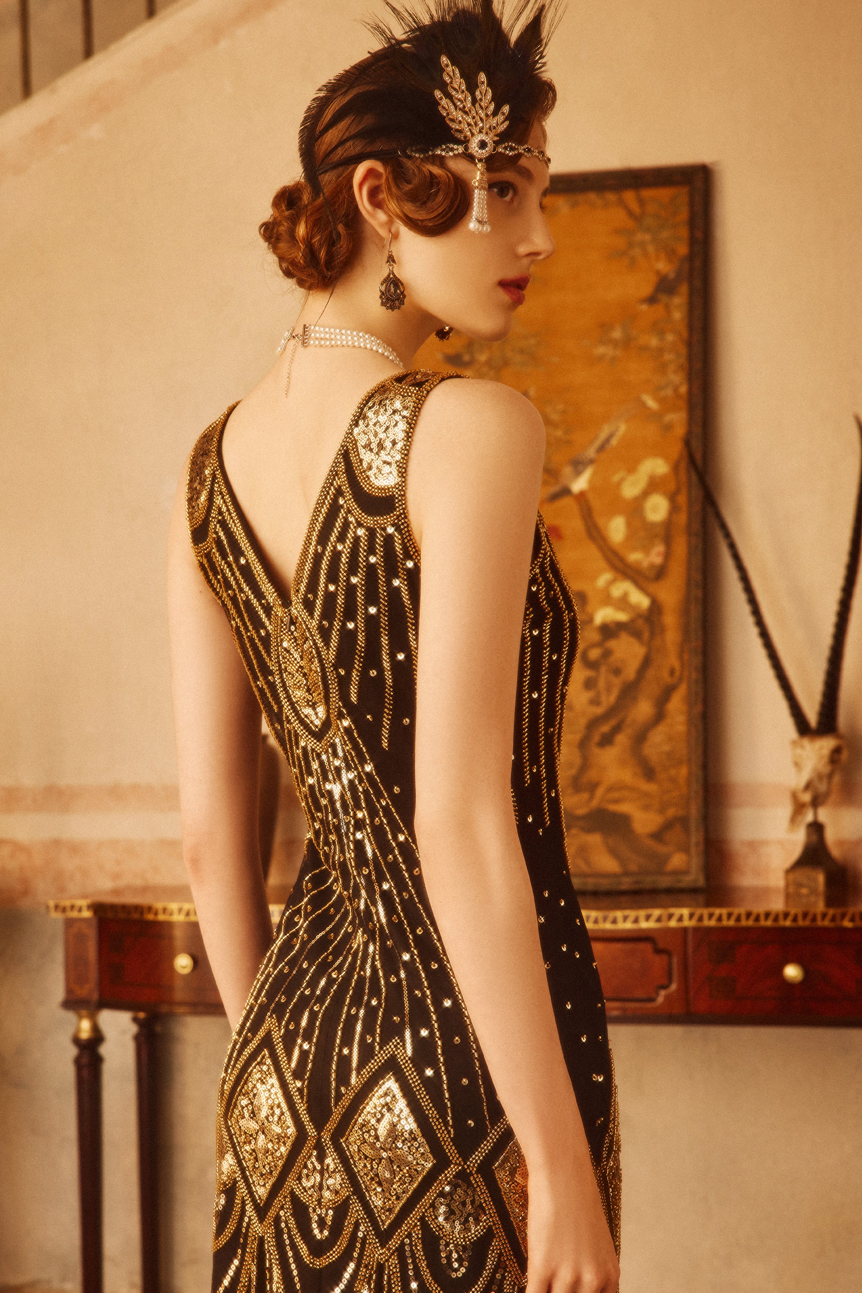 BABEYOND Zouzou Beaded Flapper Dress, 1920s Dresses, Black / Dark Gold