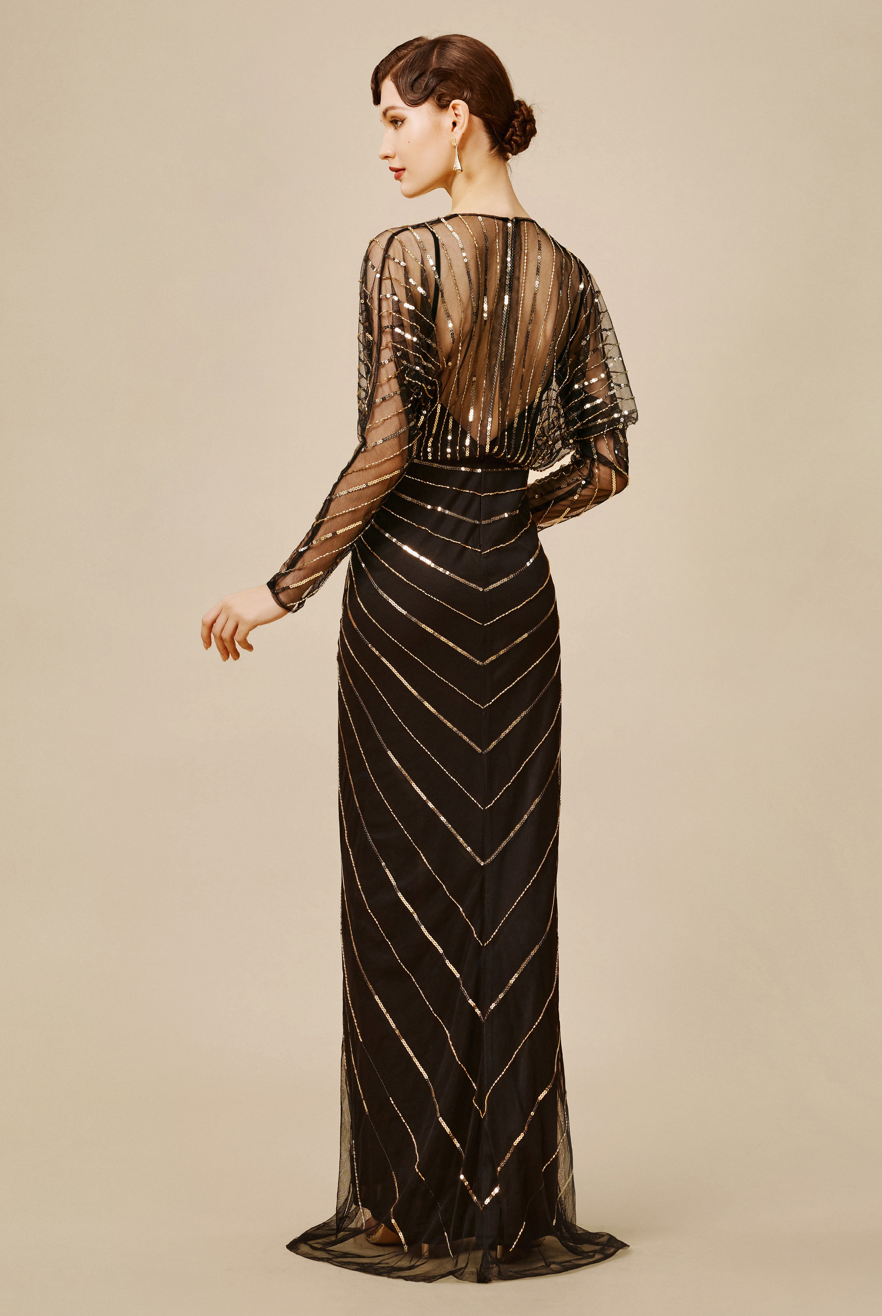 1920s evening dresses plus size Queendancer Women 1920s Plus Size Flapper Dress Black Golden 3/4 Sleeves Sequins Gatsby Dress queendancer