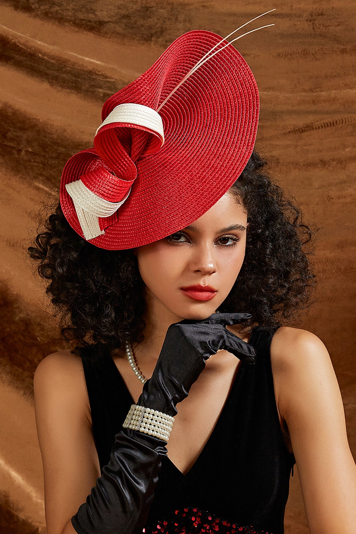 Wide Brim Red & Black Wool Fascinator Hat With Mesh Flower Detail Vintage Style Wide Brim Red Vintage Hats for Women for sale | eBay main image 4