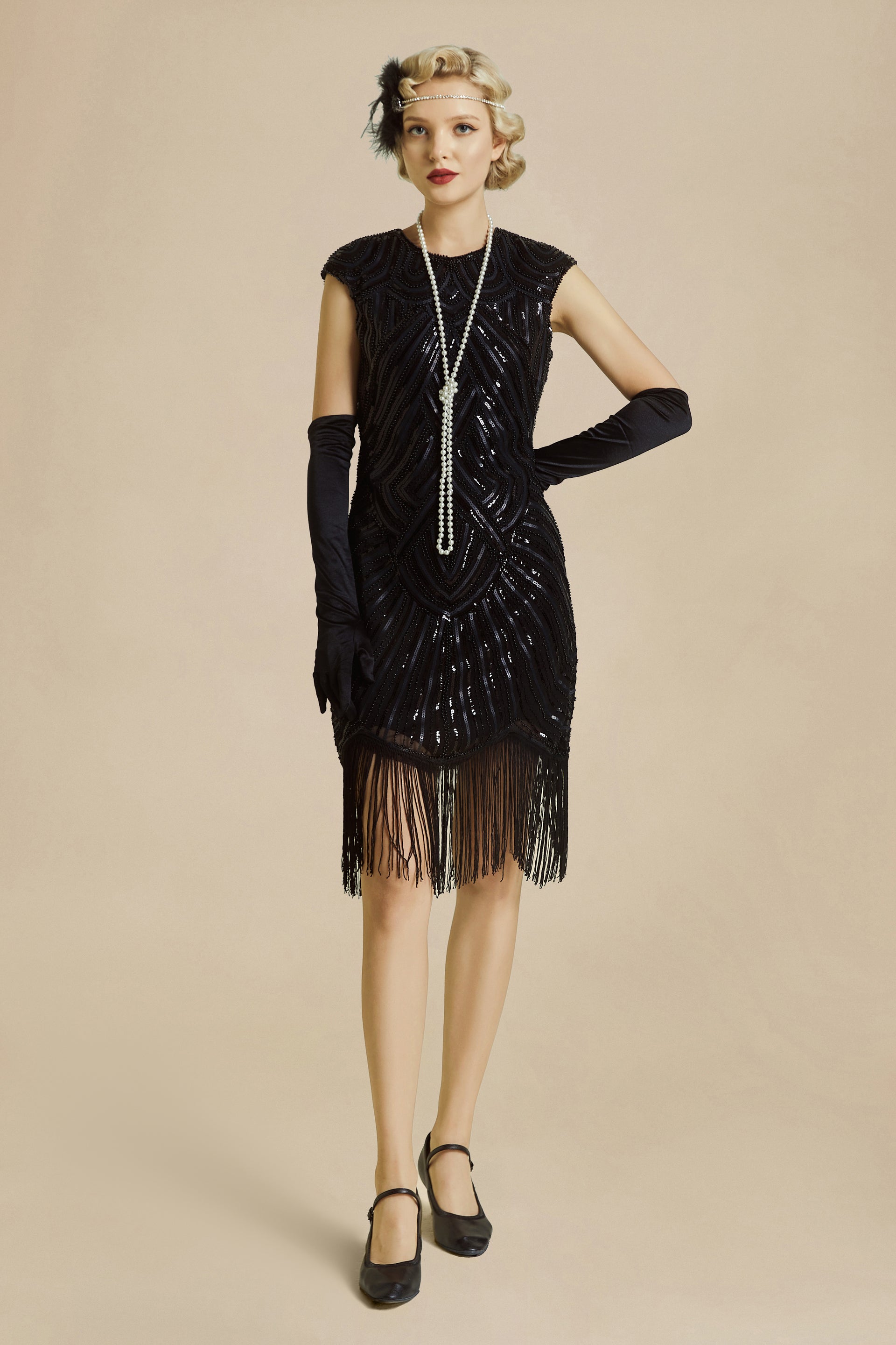 BABEYOND Green 1920s Tassel Dresses, Women's Beaded Fringed Gatsby Party Dress, Forest Green / Black, Size L
