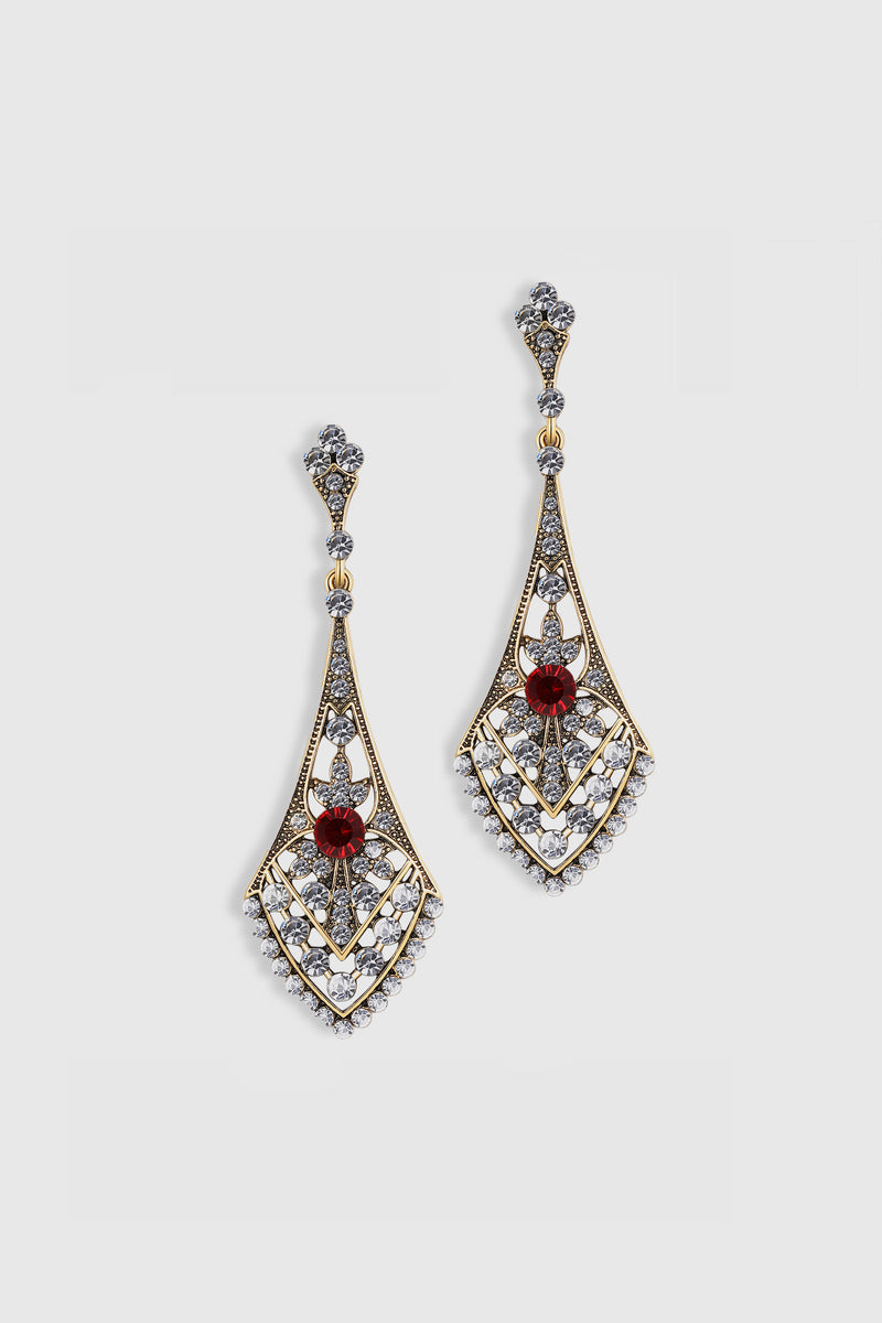 a pair of crystal-studded drop earrings in art deco style