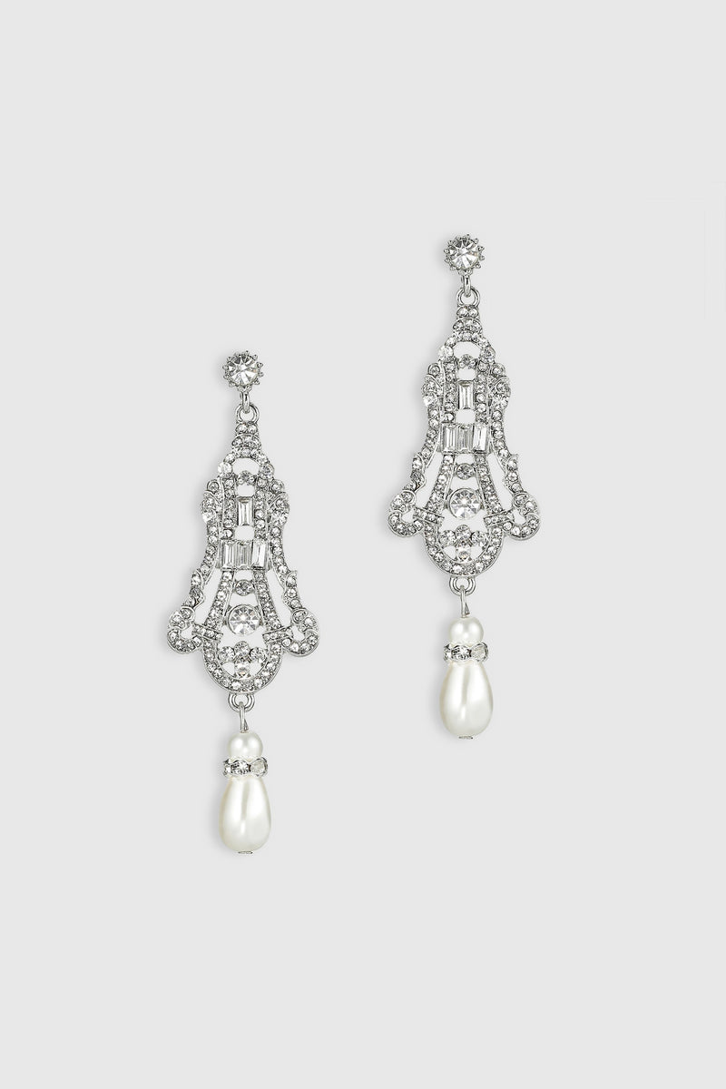 1920s Jewelry - Art Deco Vintage Crystal-studded pearl drop earrings