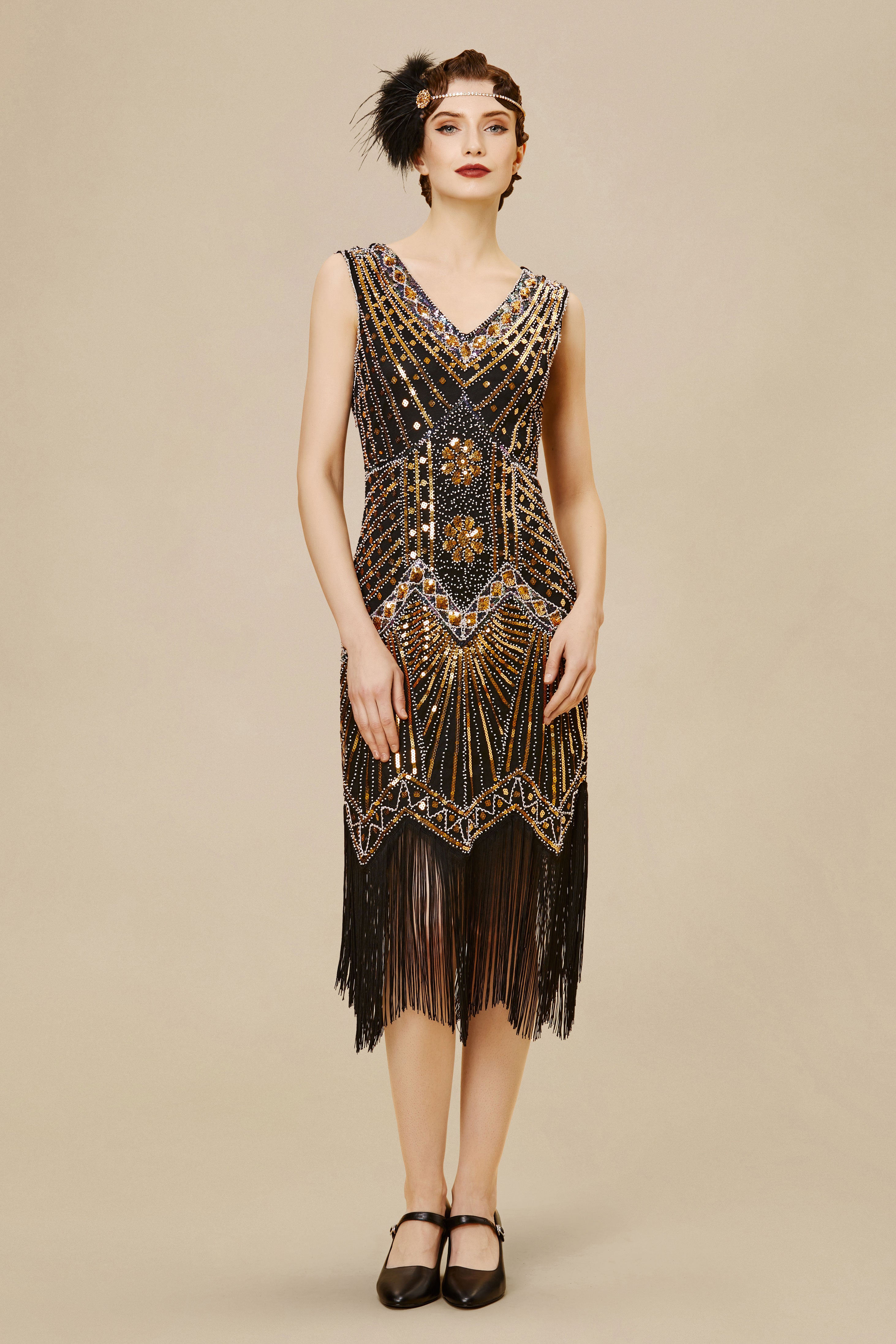 Sleeveless V-Neck Cocktail Party Dress, black/gold