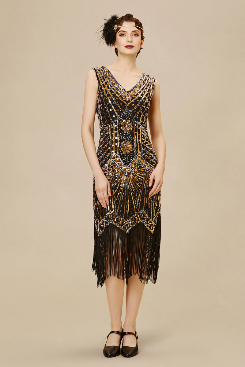 woman wearing a flapper style Sleeveless V-Neck Cocktail Party dropped-waist Dress with fringes and beads