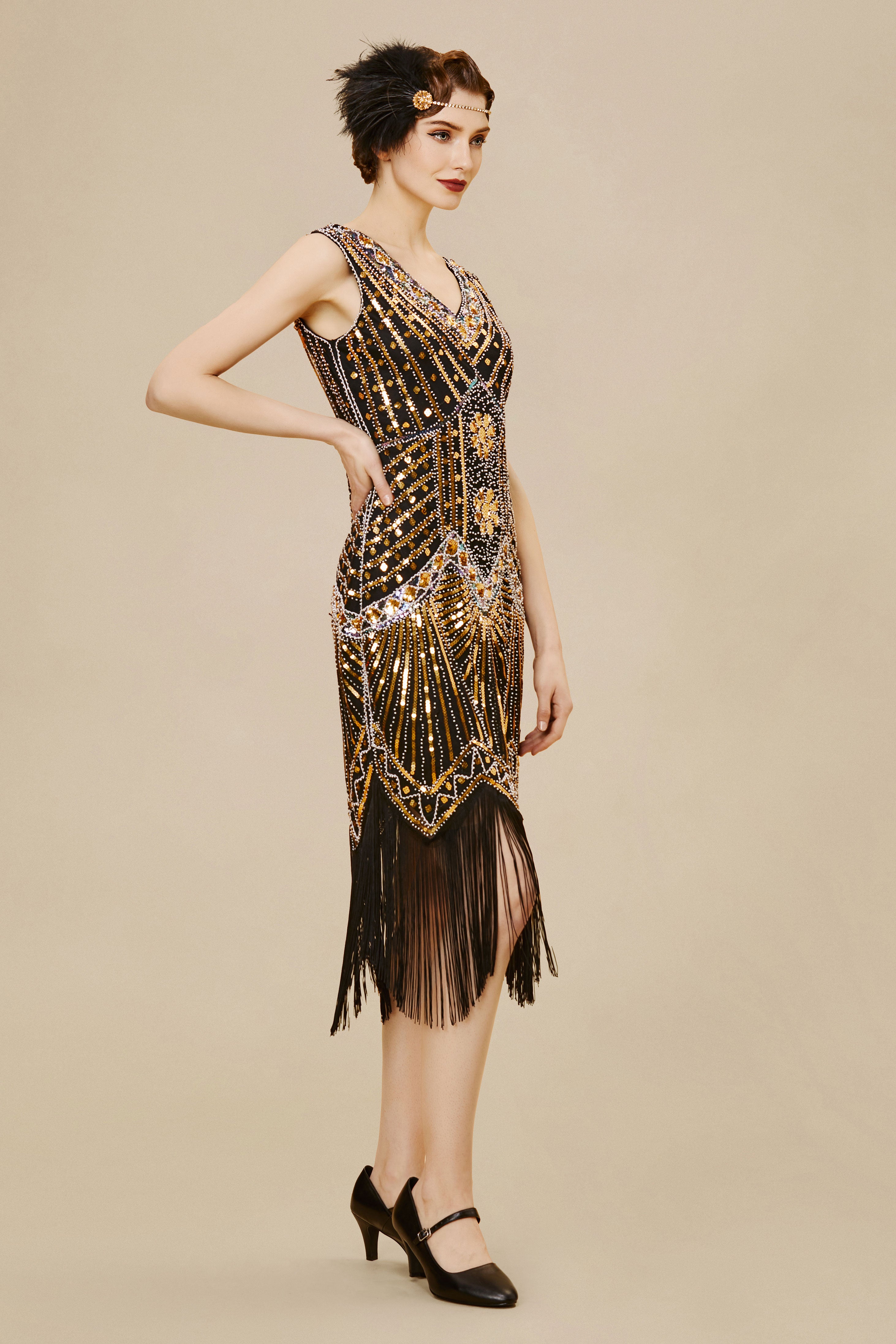 BABEYOND 1920s Women's Flapper Dresses, V Neck Beaded Fringed Great Gatsby Dress, Black / Dark Gold, Size XXL