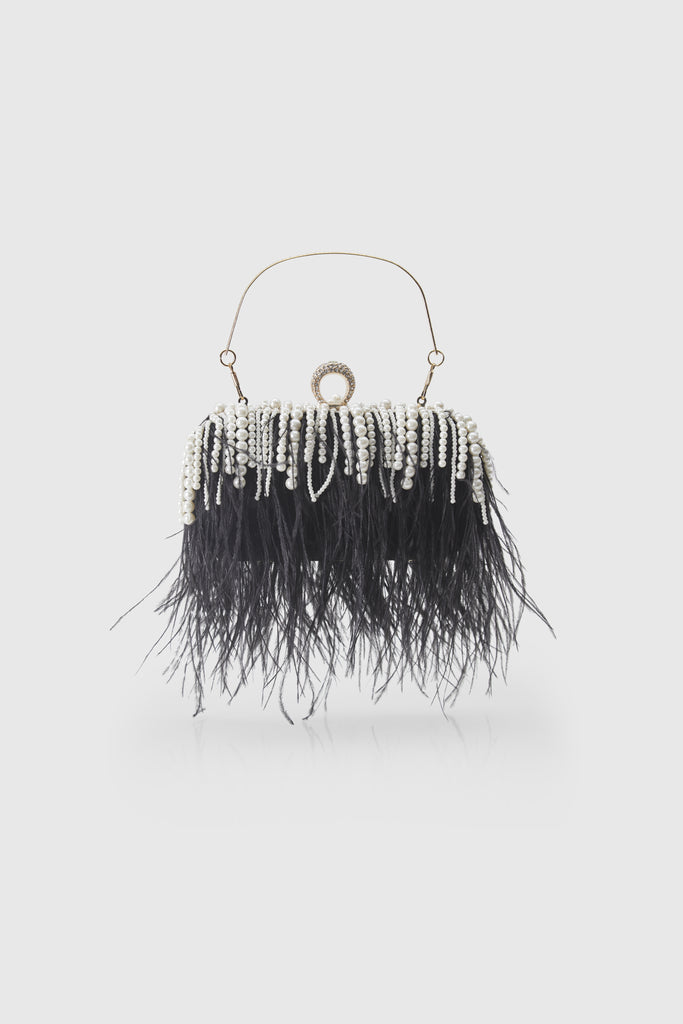 Embellished Ostrich Feather Pearl Tassel Clutch - BABEYOND