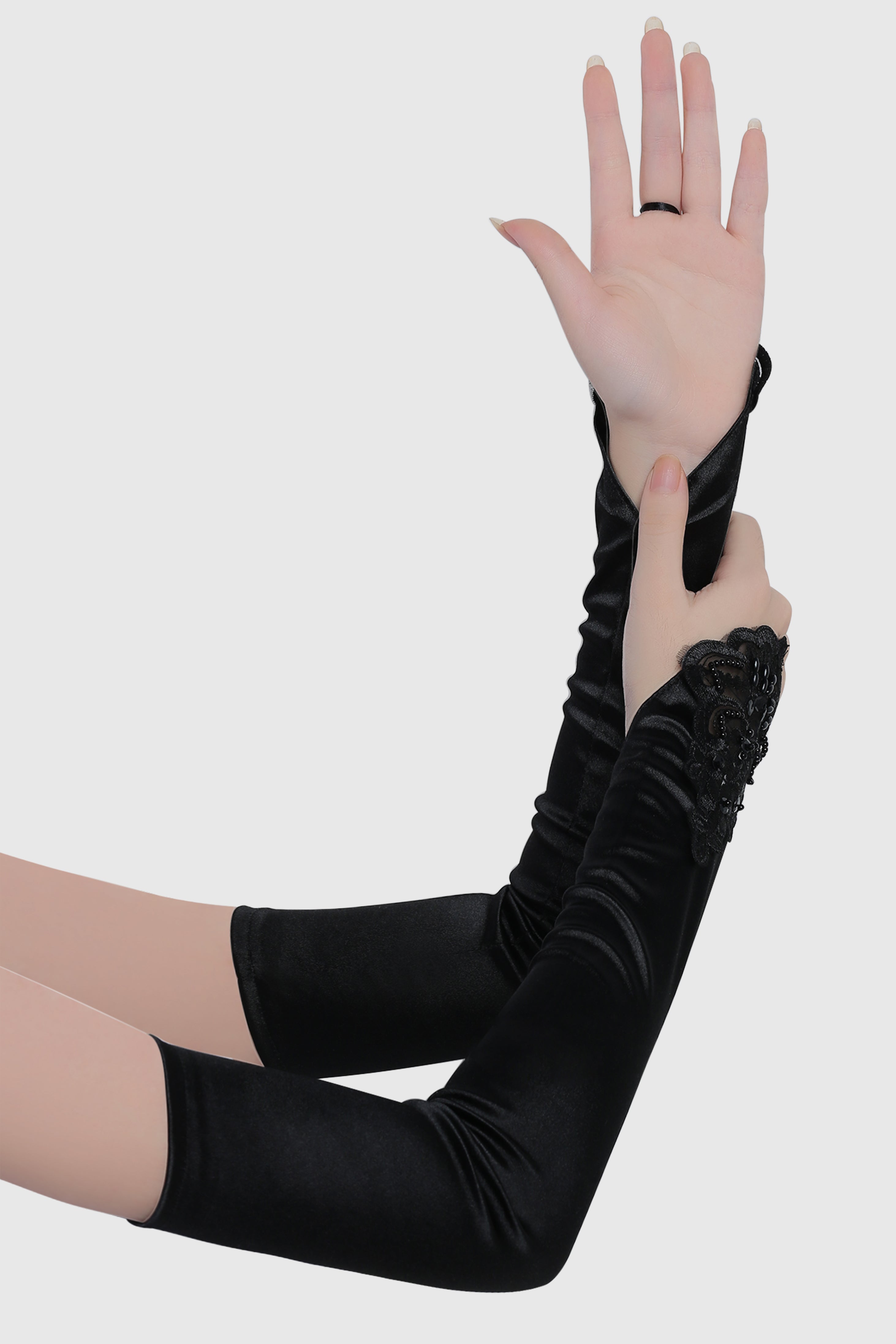 17.7'' Finger Loop Satin Stretchy Gloves | Black | 1