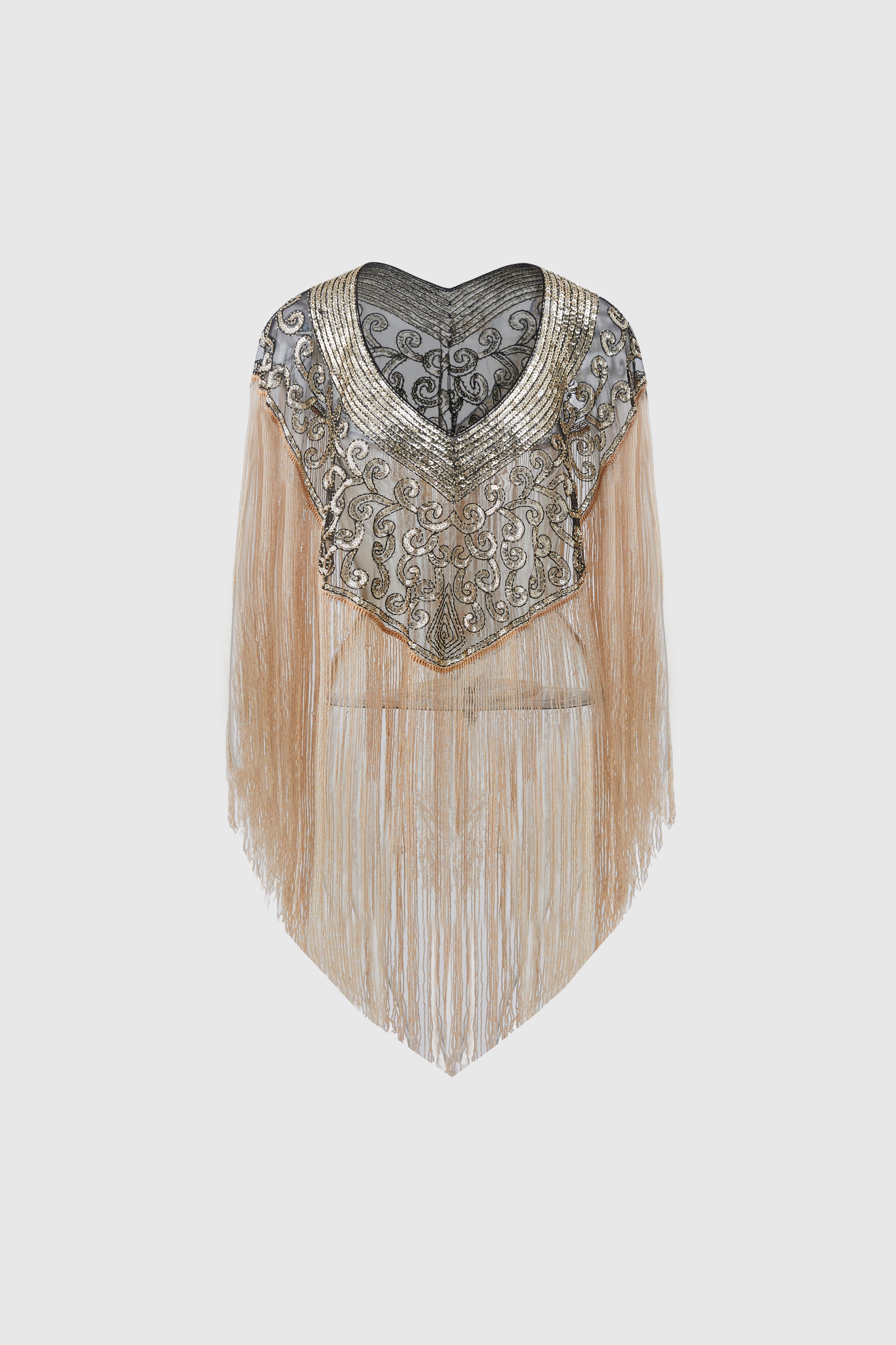 1920s Long Fringed Beaded Shawl | Blackgold | 1