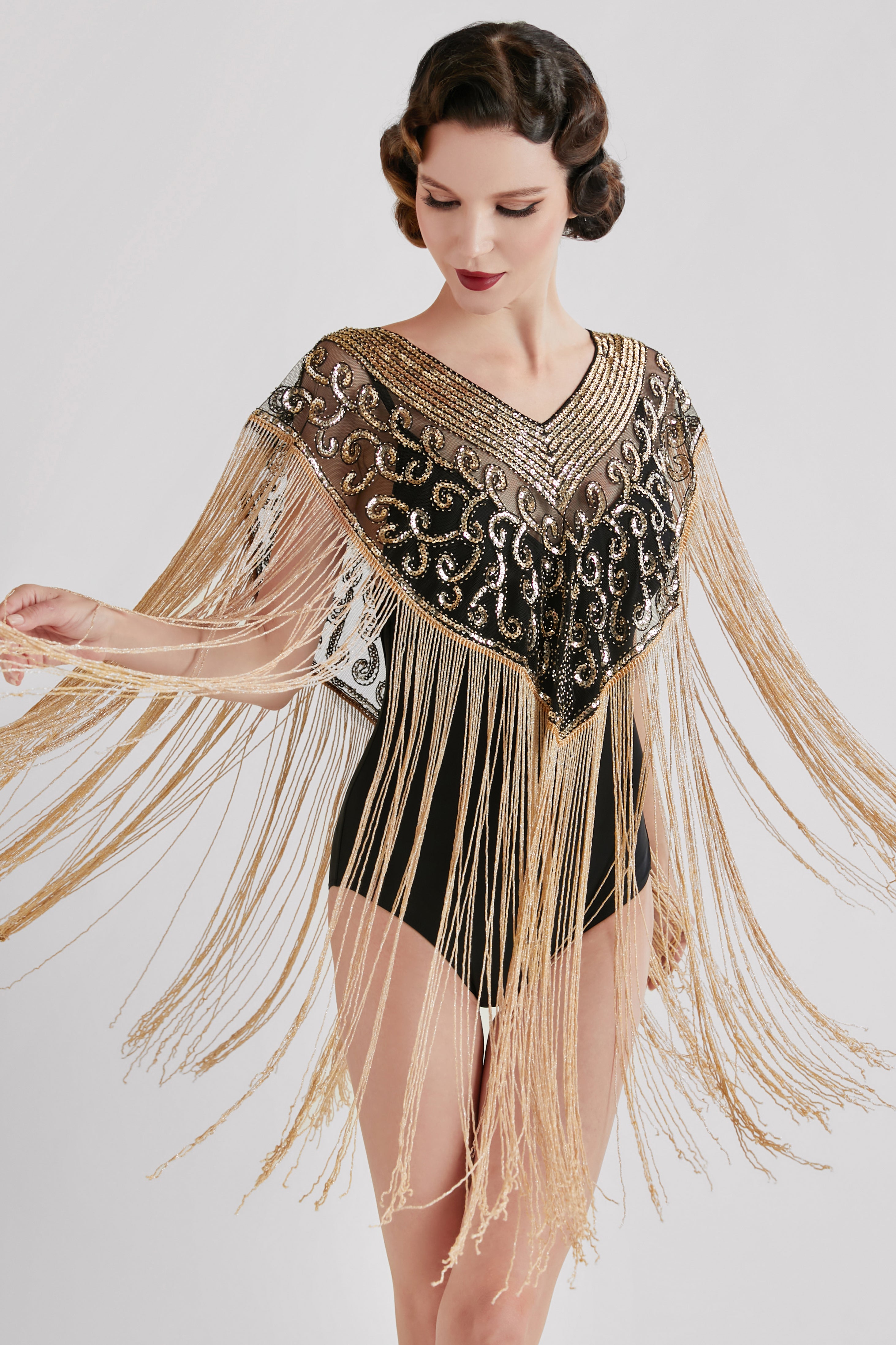 1920s Long Fringed Beaded Shawl | Blackgold | 2