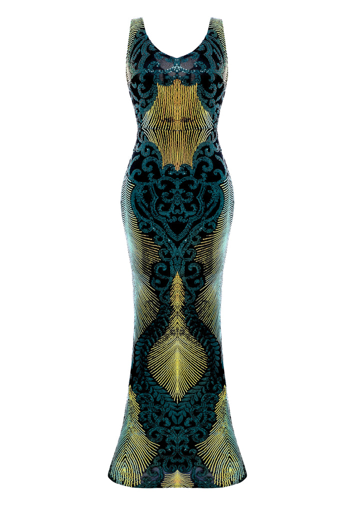 Sleeveless Peacock Sequin Maxi Dress - BABEYOND