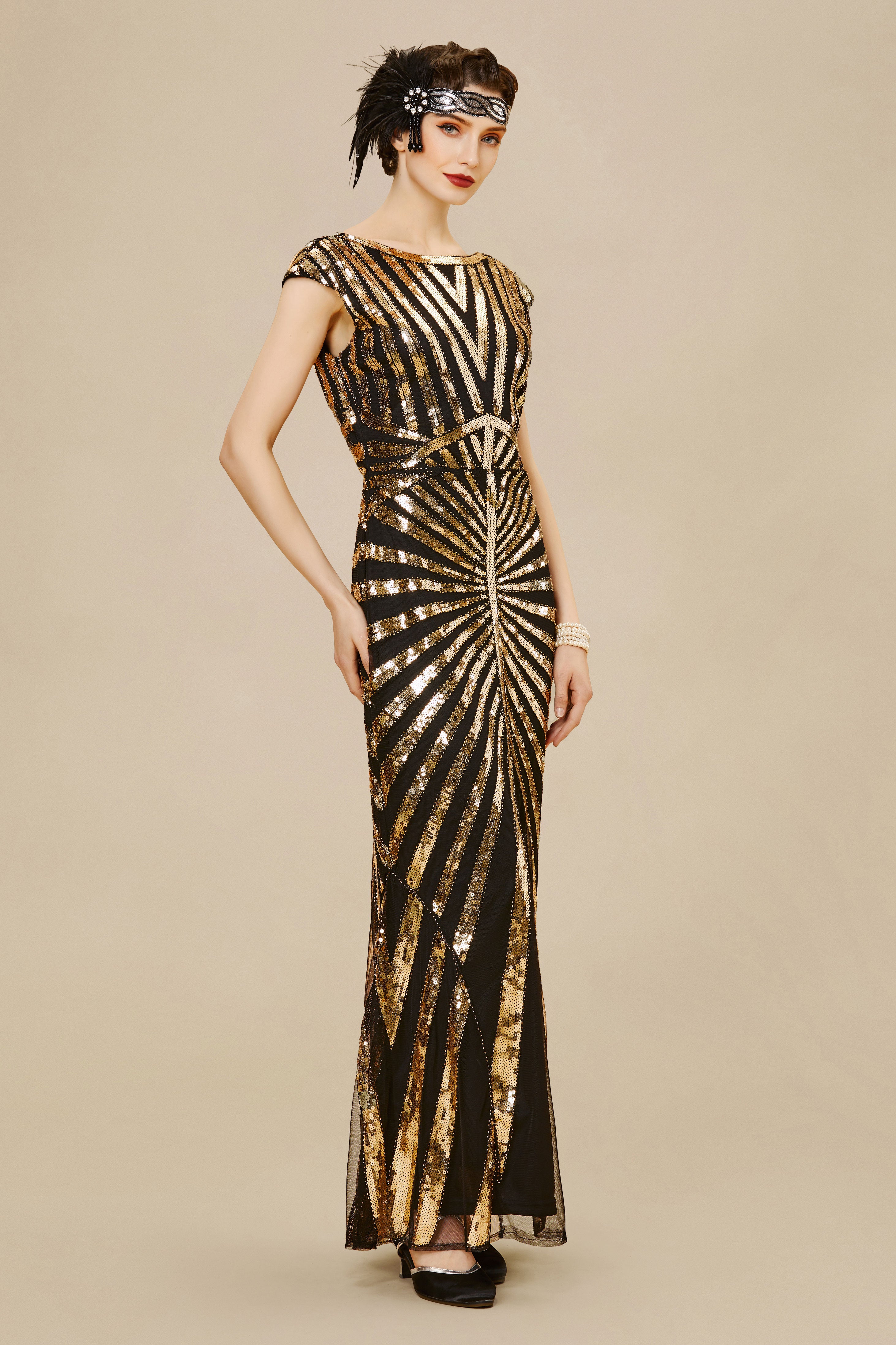 Art Deco Cap Sleeve Sequin Maxi Dress