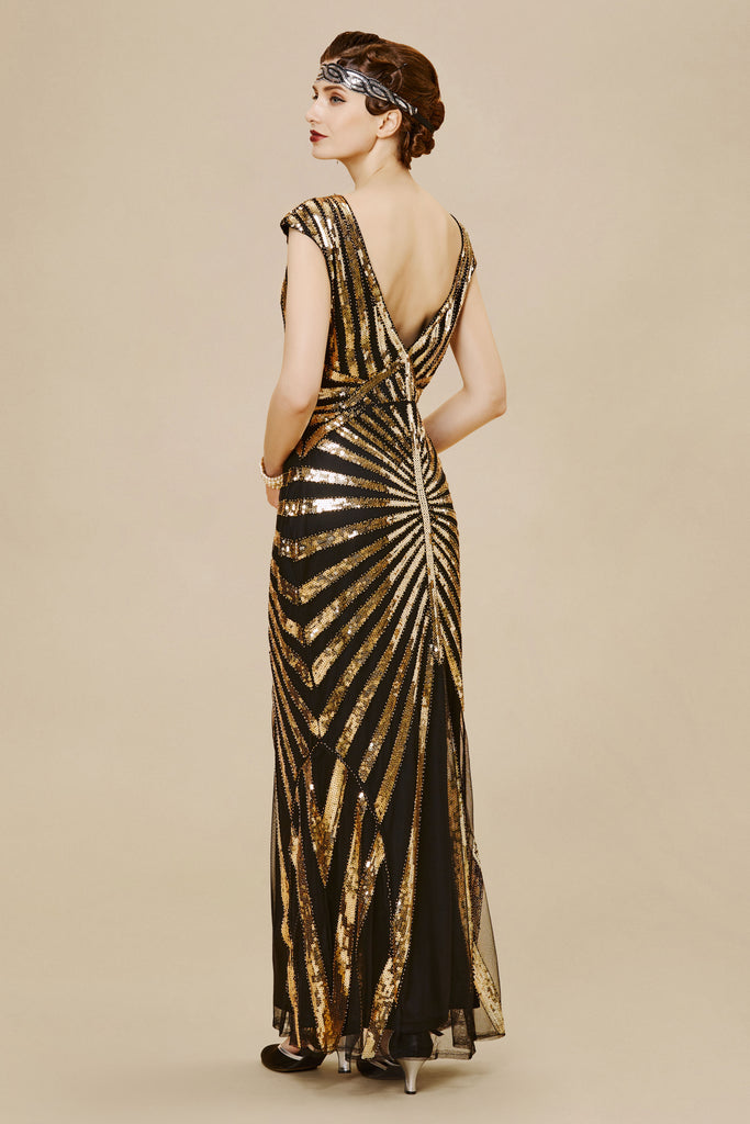 Art Deco Cap Sleeve Sequin Maxi Dress - BABEYOND