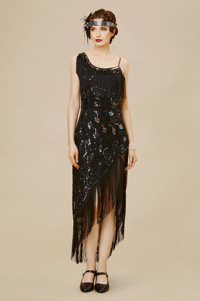 Shop 1920s Dresses - One Shoulder Fringe Midi Dress | BABEYOND