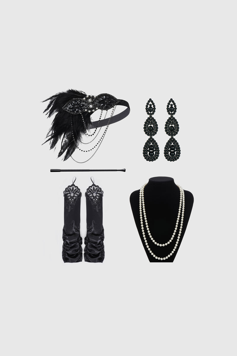 1920s Flapper Gatsby Accessories Set - art deco style earrings and fascinator, long lacy gloves that expose the fingers, double-strand pearls, and cigarette holder