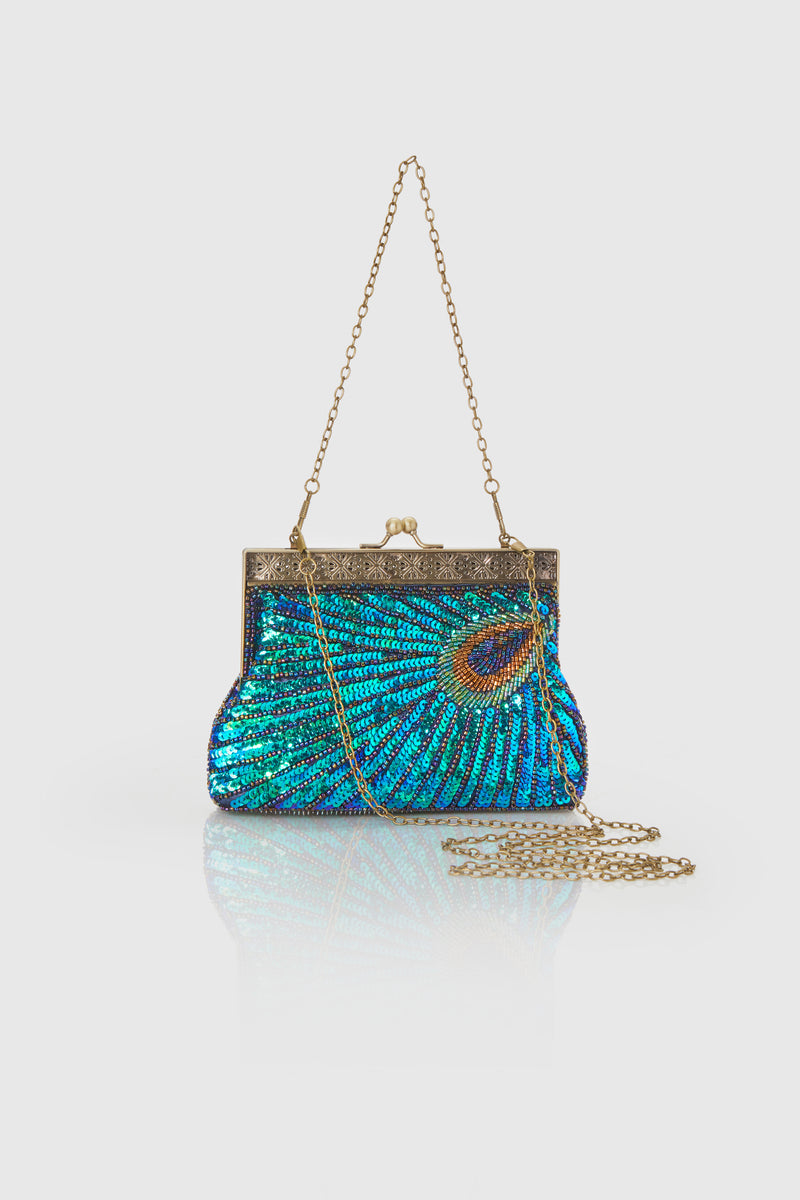 1920s Gatsby Peacock Sequined Clutch with chain handle and strap