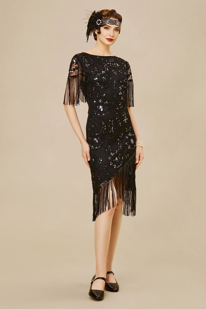 Embellished Sequin Fringe Art Deco Dress - BABEYOND