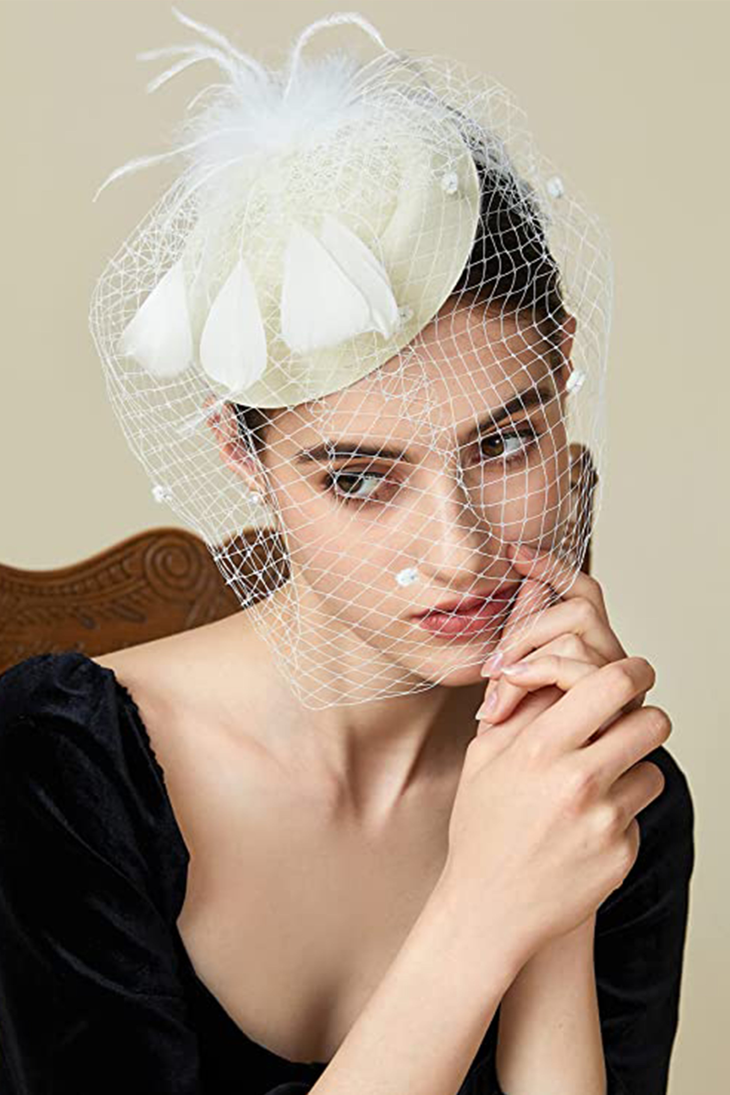 Vintage Feather Veil Fascinator | Ivory White | 3