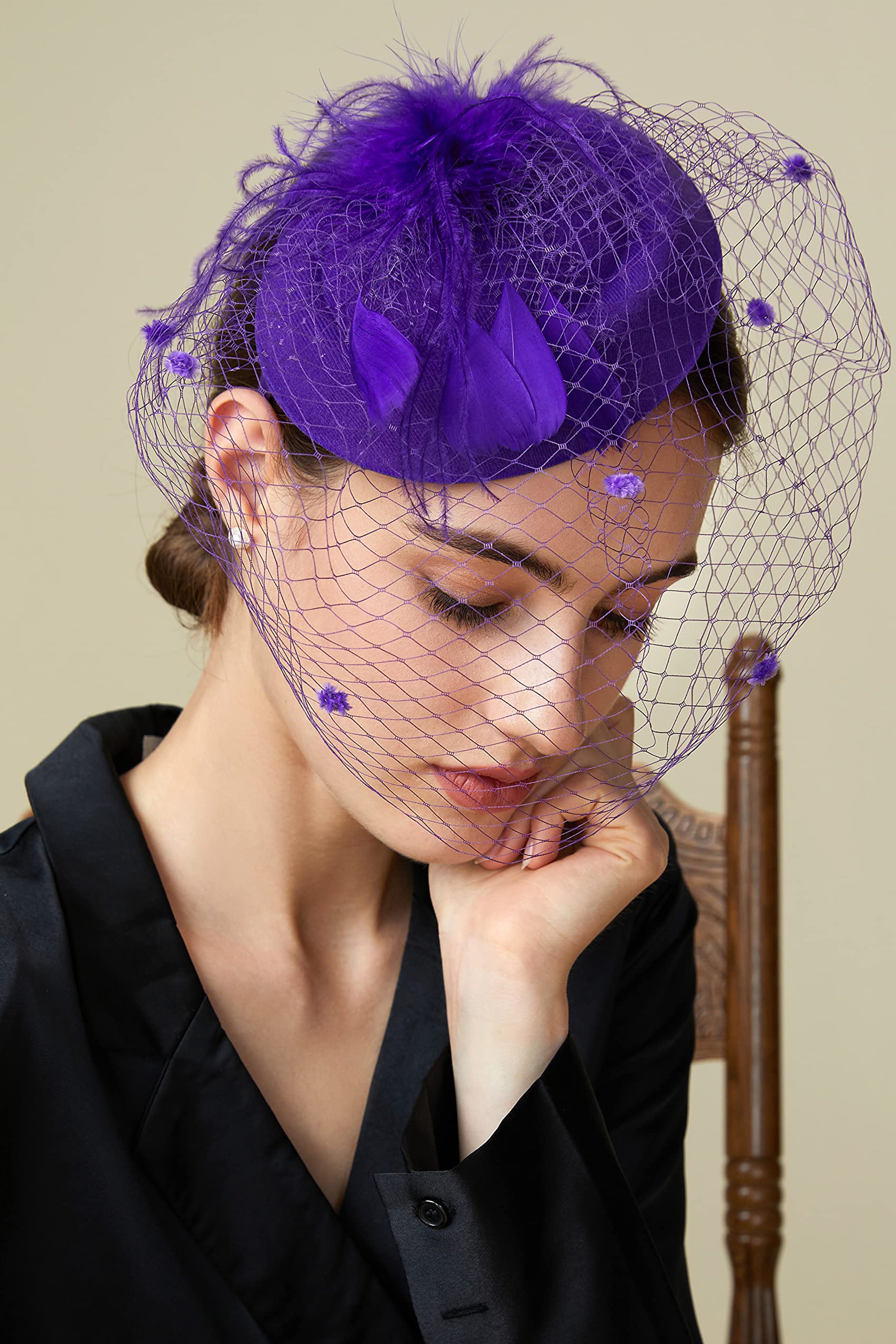 Vintage Feather Veil Fascinator | Royal Purple | 3