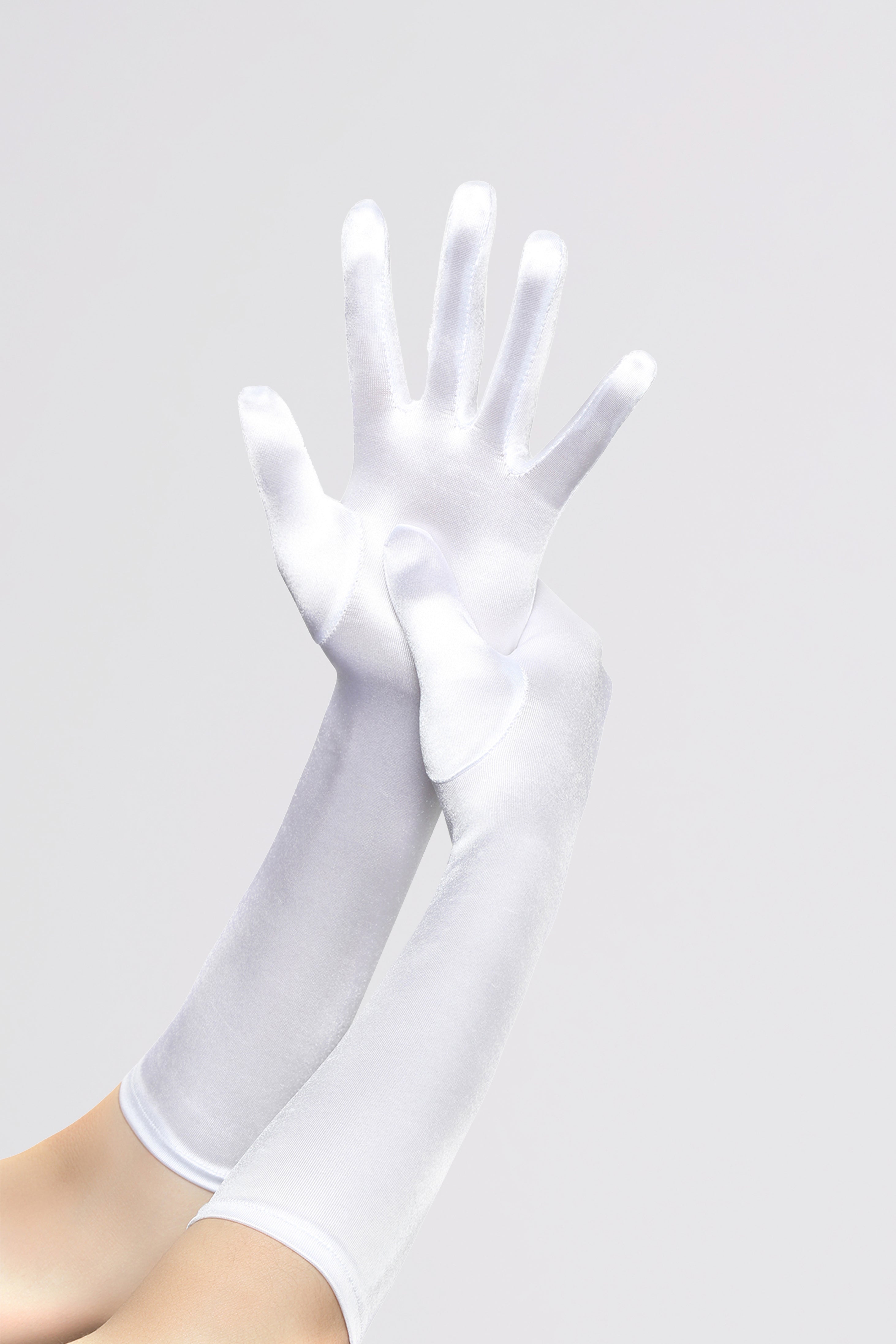 15" Long Satin Stretchy Flapper Gloves | White | 4