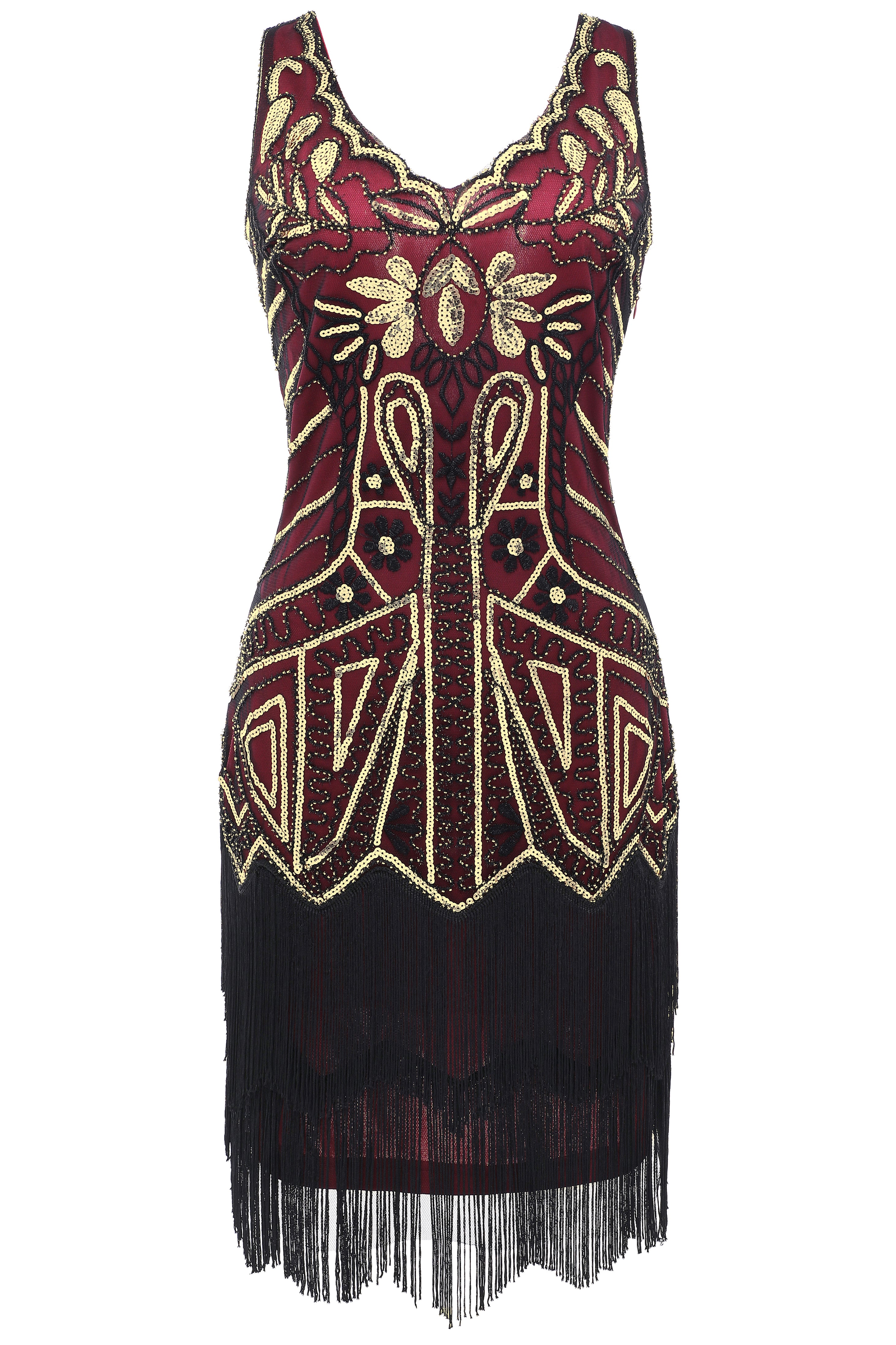 Retro Paisley Art Deco Mini Dress | Burgundy/Gold | 6