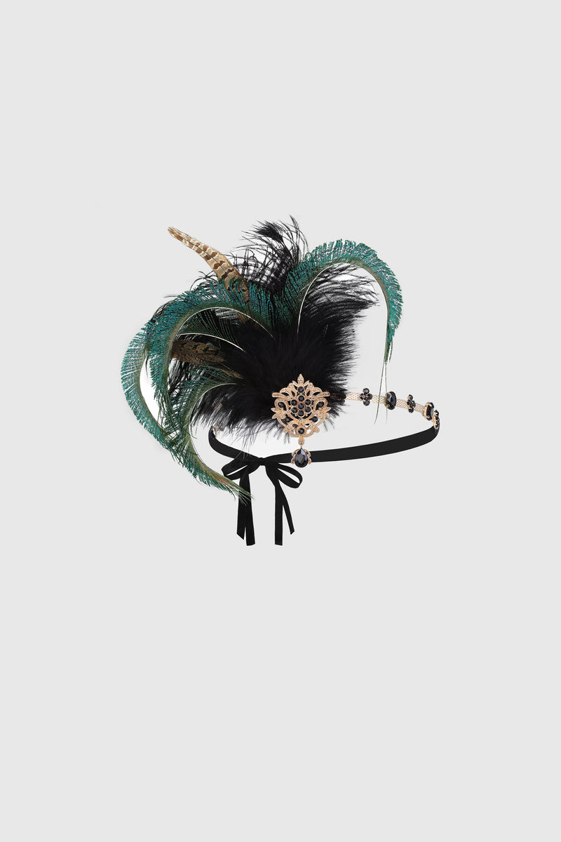 a 1920s Headband made of peacock feathers and accents