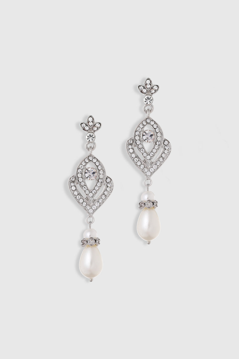 Art Deco Crystal Pearl Earrings with faux diamonds