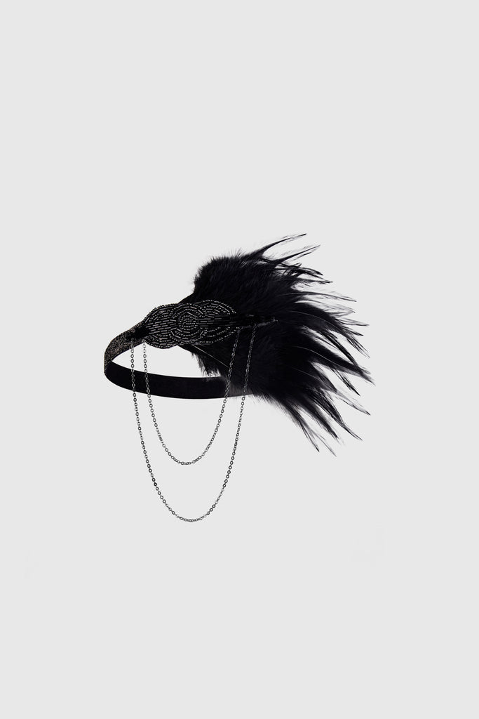 Beaded Chain Ostrich Feather Headband - BABEYOND