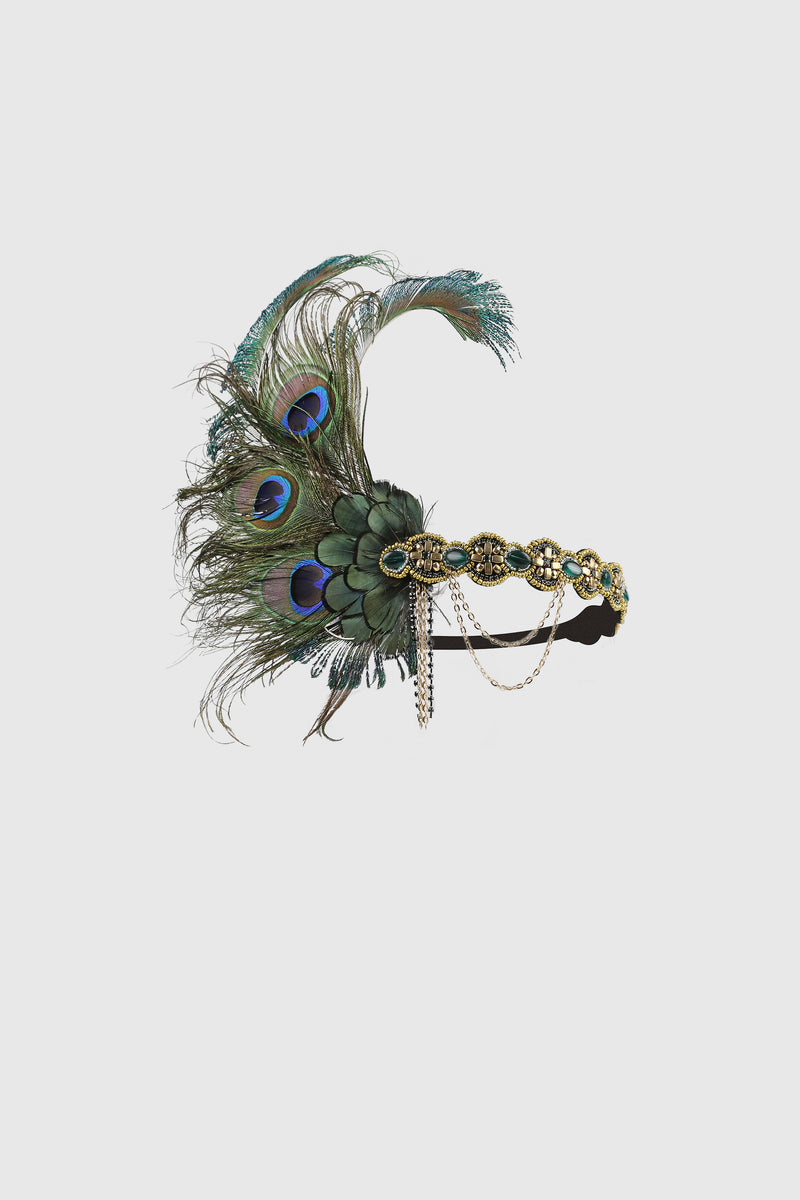 a Bead-studded Peacock feather Headband