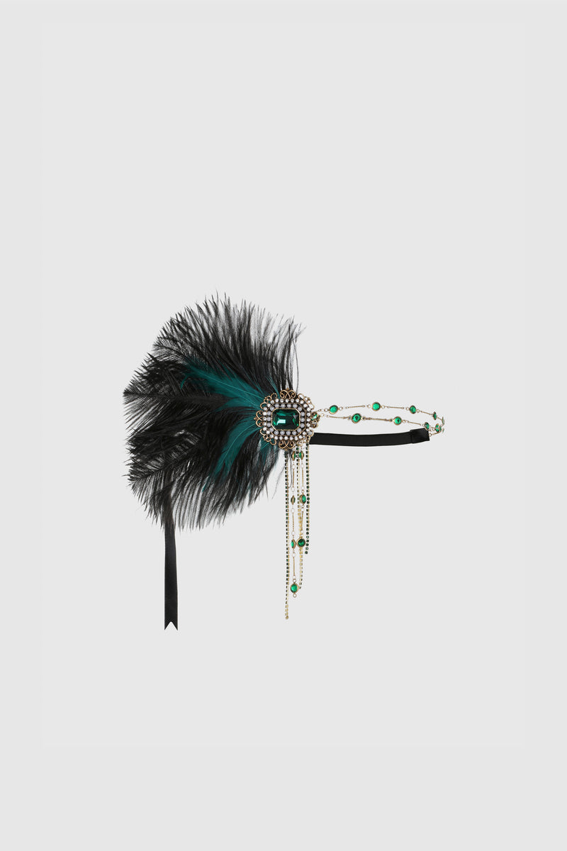 Bead-studded blue-green tinted peacock feather Headband