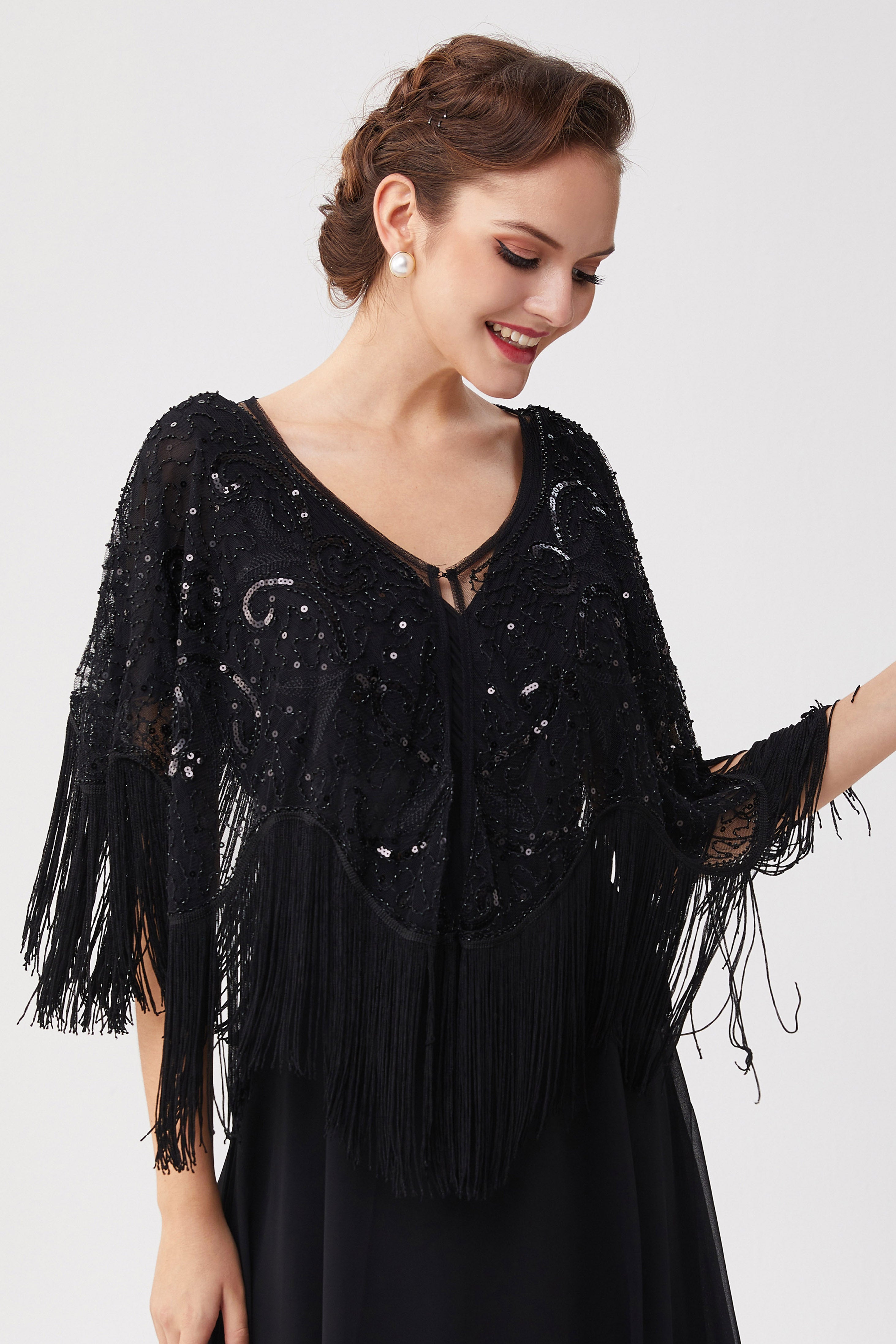 1920s Beaded Sequin Flapper Shawl | Black | 2