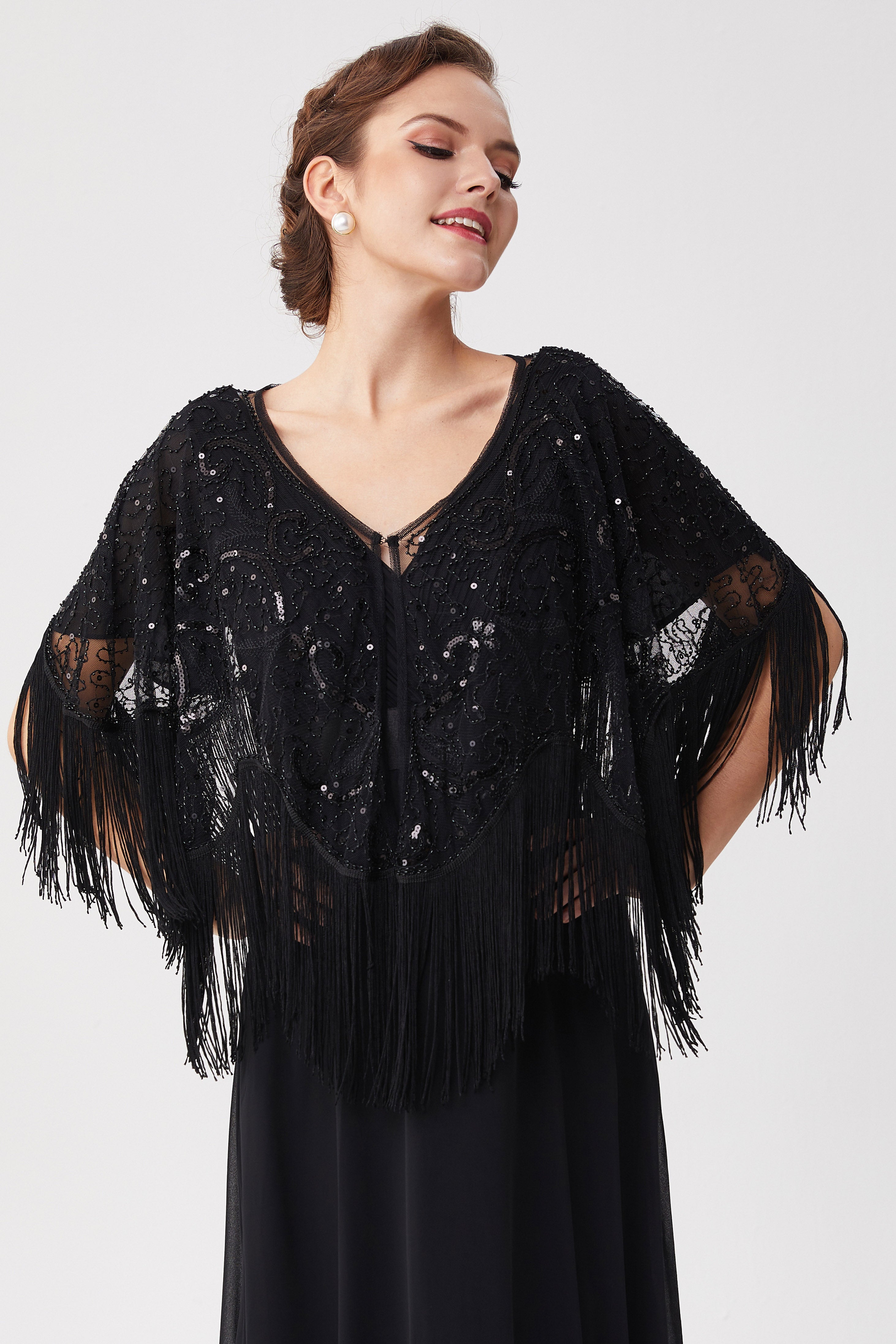 1920s Beaded Sequin Flapper Shawl | Black | 3