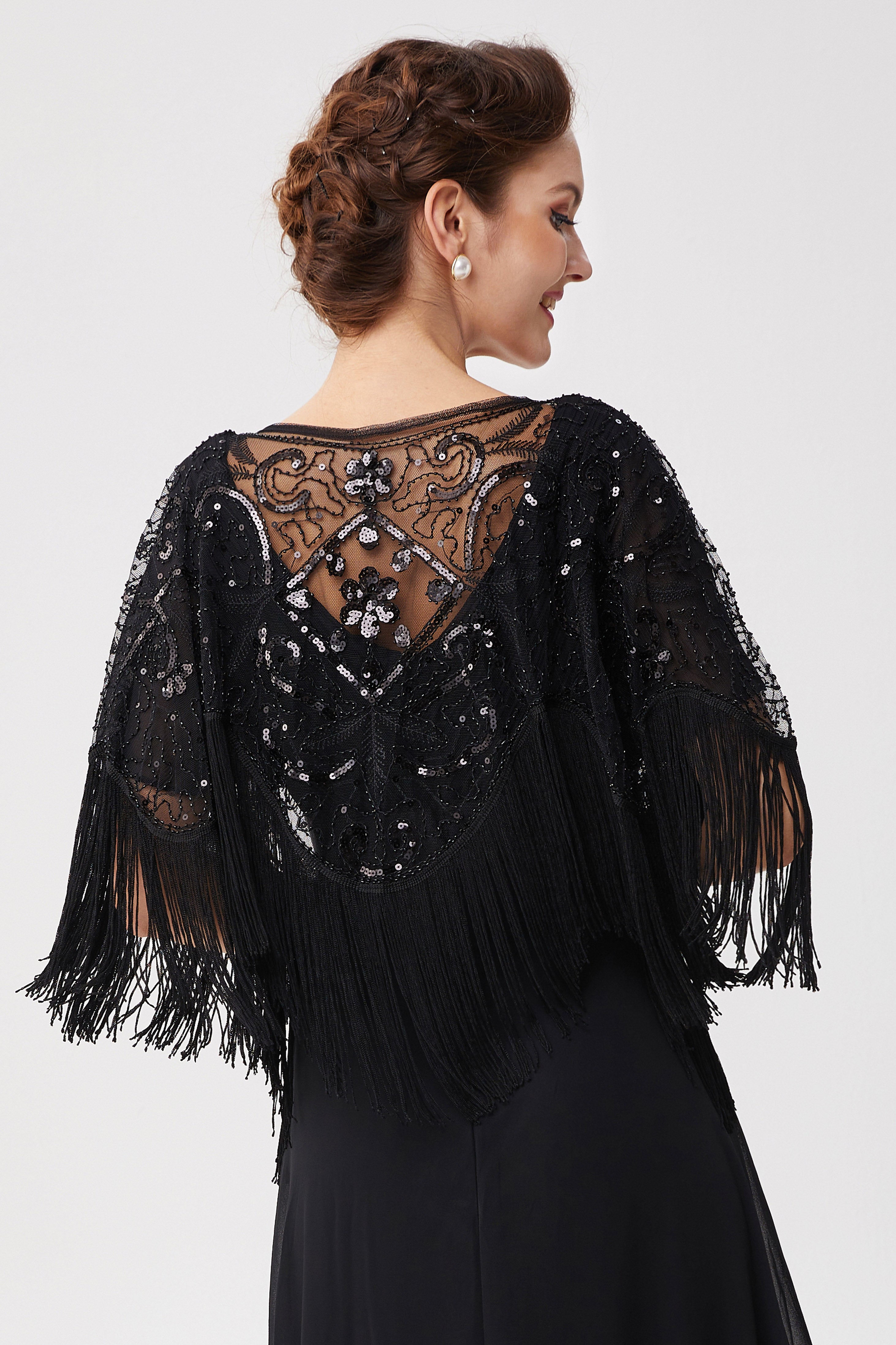 BABEYOND 1920s Tulle Shawls, Gatsby Beaded Evening Shawls, Retro Bridal Shawls, Black