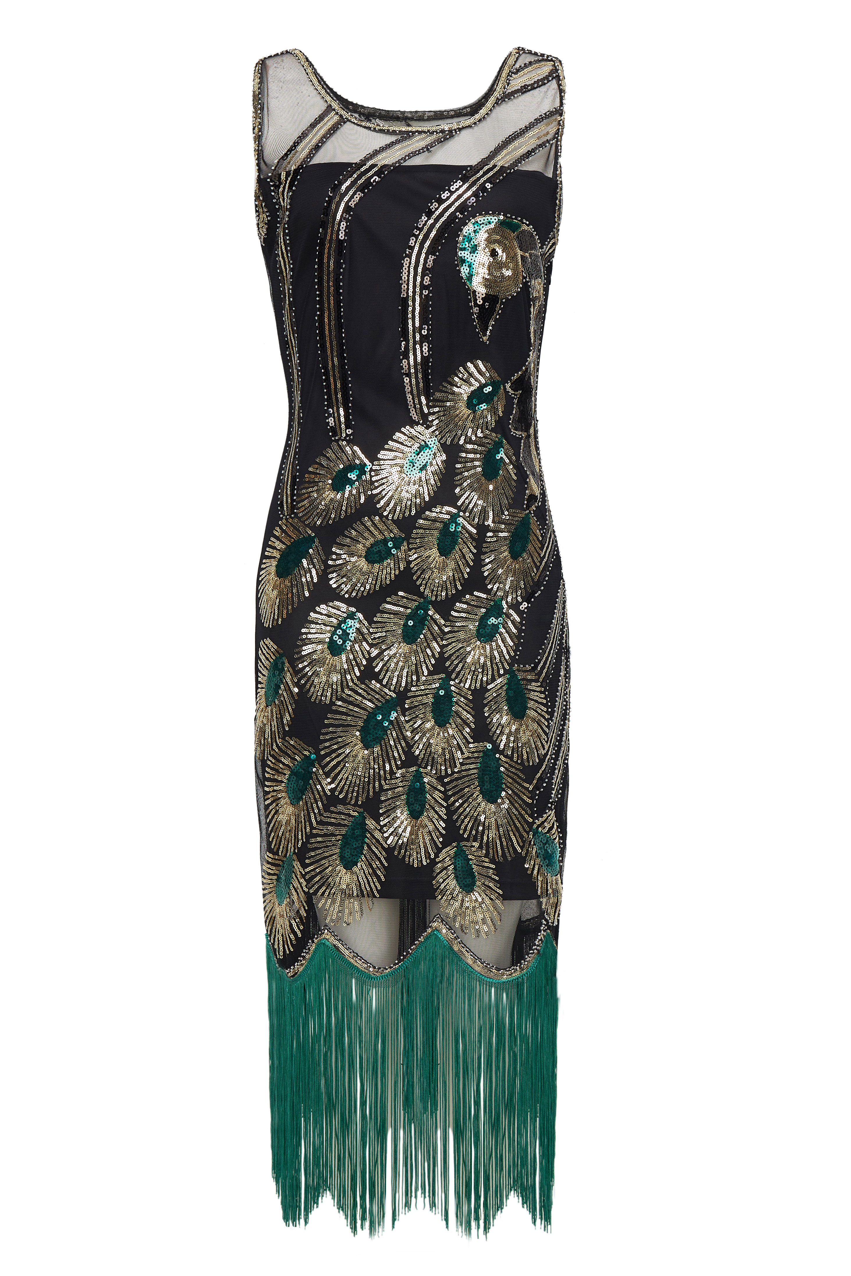 BABEYOND 1920s Fashion Glitter Sequin Scoop Neck Peacock Flapper Dress Gatsby Sleeveless Tassel Dress Forest Green Black Size XL