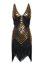 Beaded Sequin V-Neck Mini Slip Dress | Black/Gold | 9