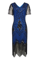 Vintage Paisley Flapper Fringe Dress | Blue/Black | 12